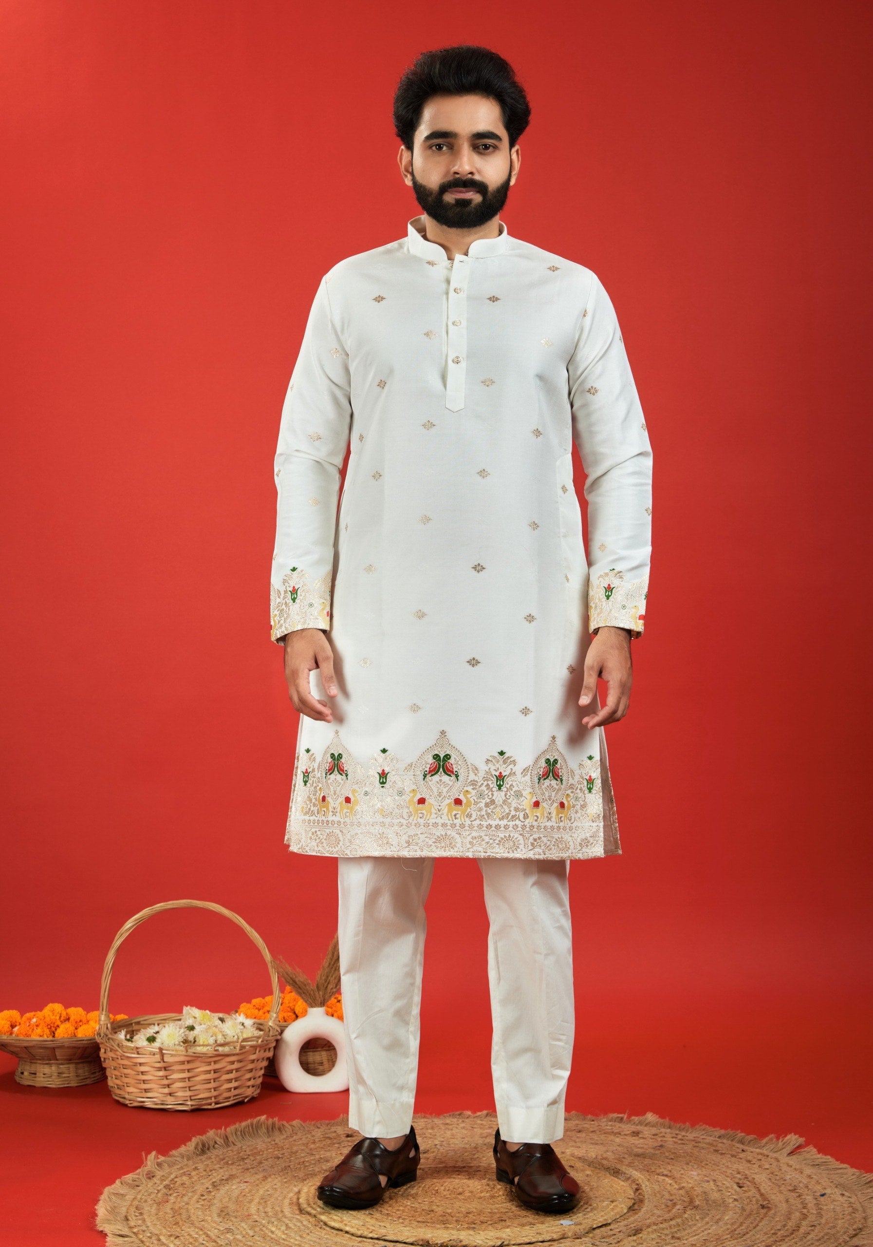 WHITE PARROT AND CAMEL PATTERN JACQUARD DESIGNER KURTA