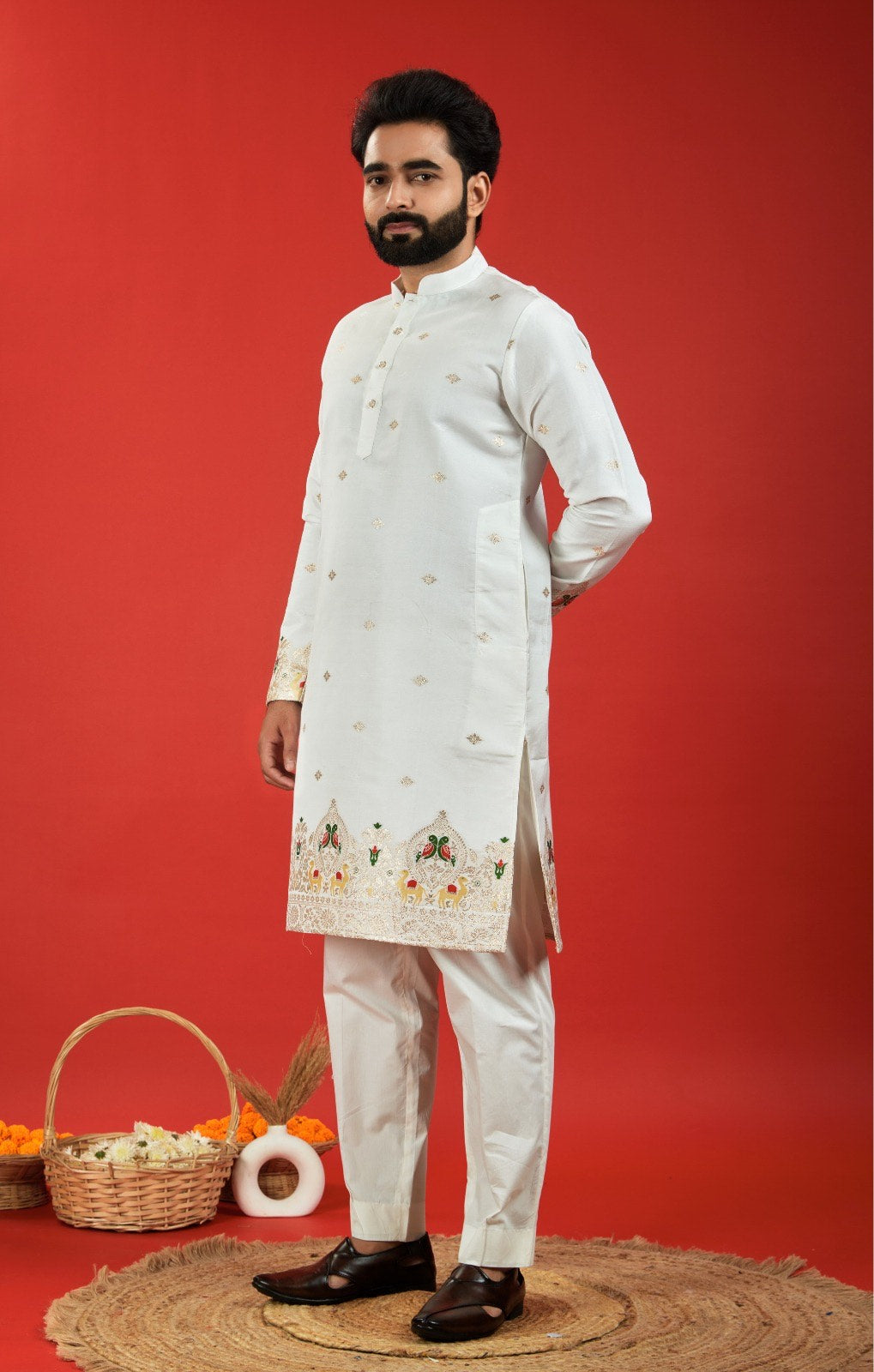 WHITE PARROT AND CAMEL PATTERN JACQUARD DESIGNER KURTA