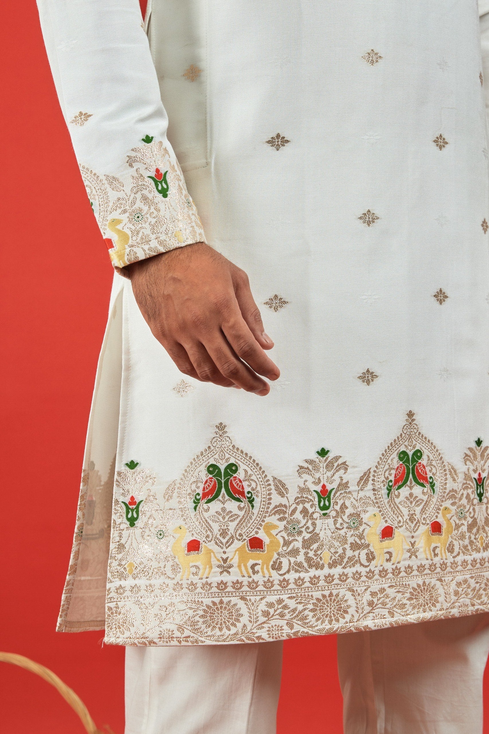 WHITE PARROT AND CAMEL PATTERN JACQUARD DESIGNER KURTA