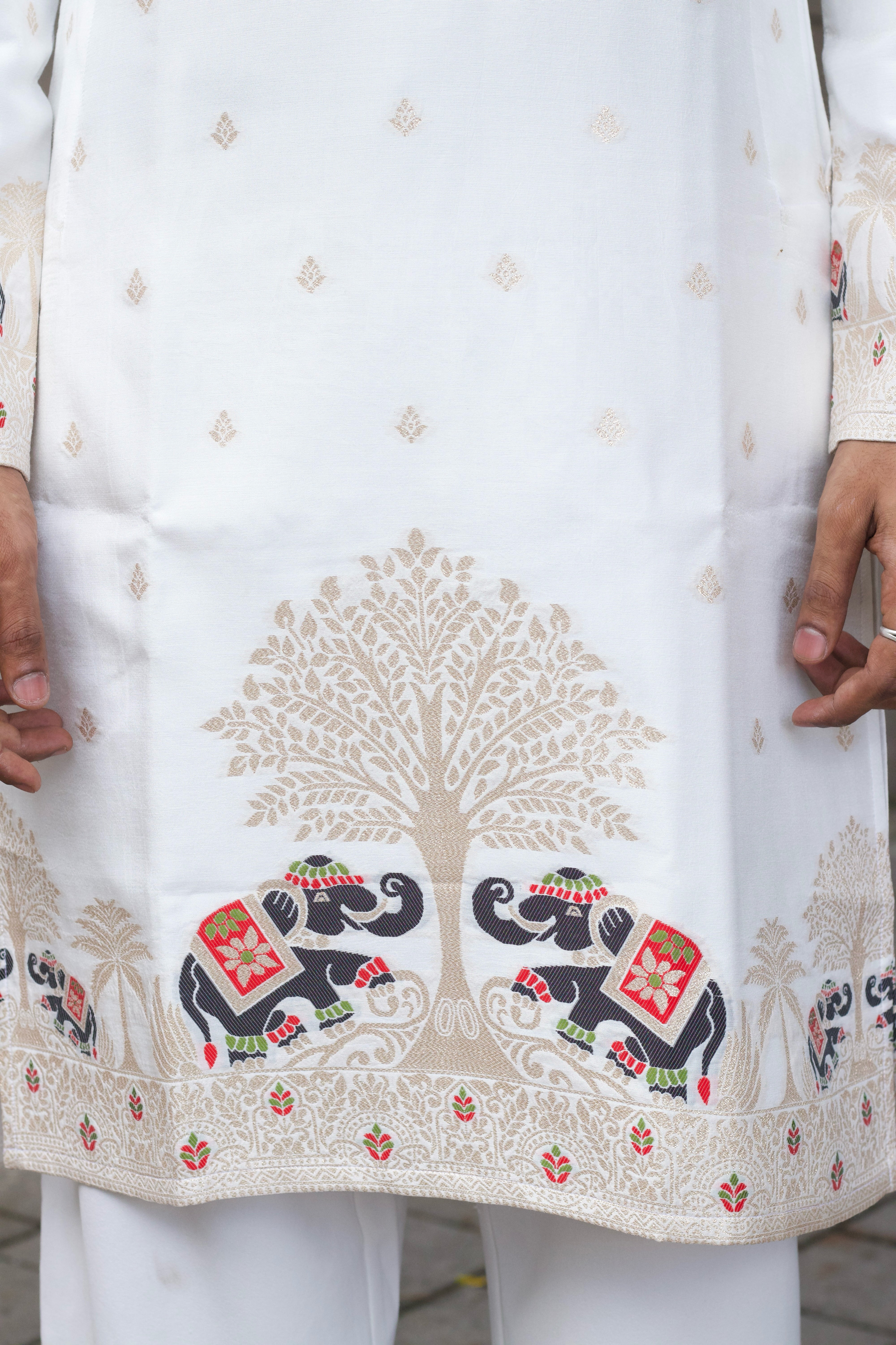 MADHURI ELEPHANT WHITE PATTERN JACQUARD DESIGNER KURTA