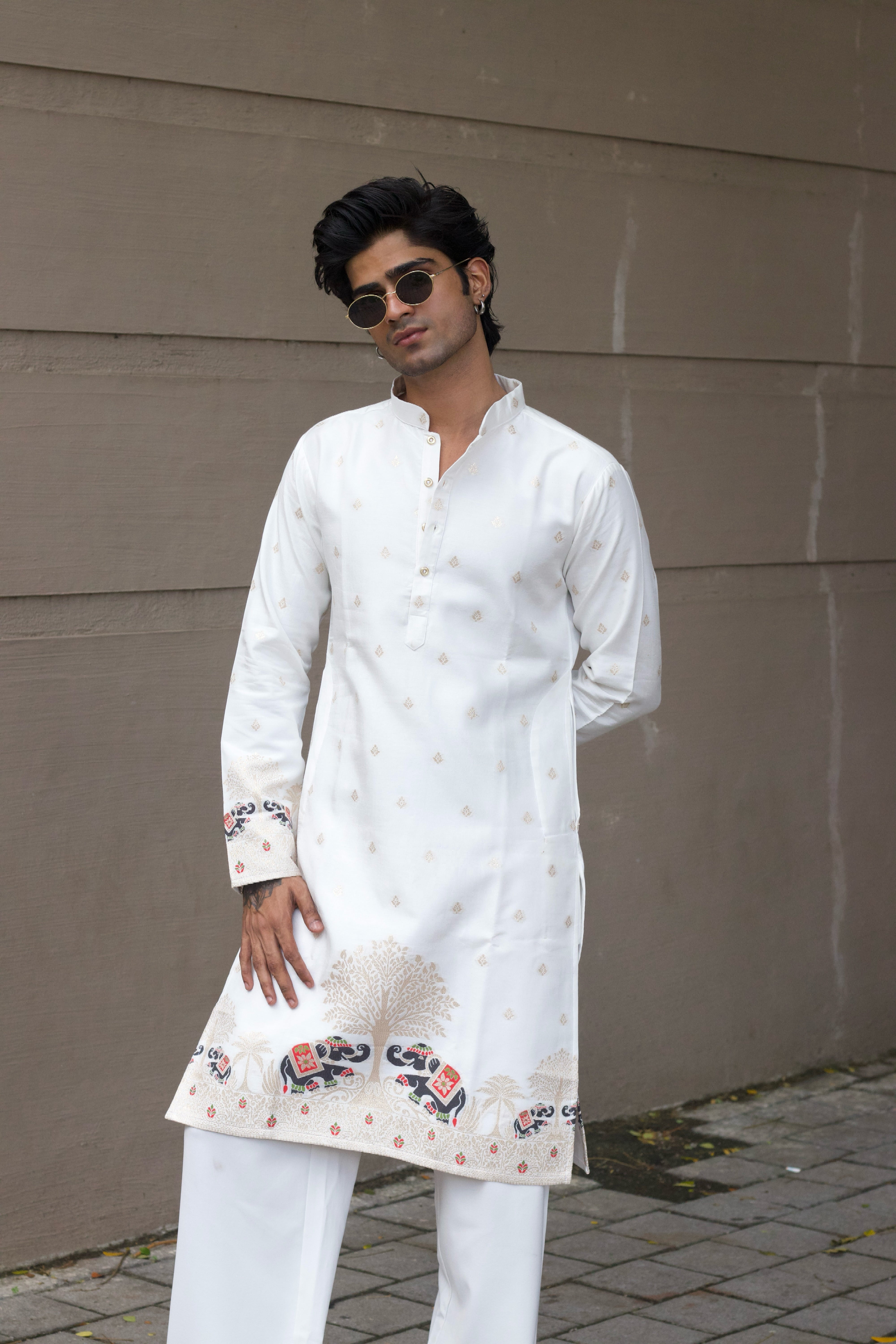 MADHURI ELEPHANT WHITE PATTERN JACQUARD DESIGNER KURTA