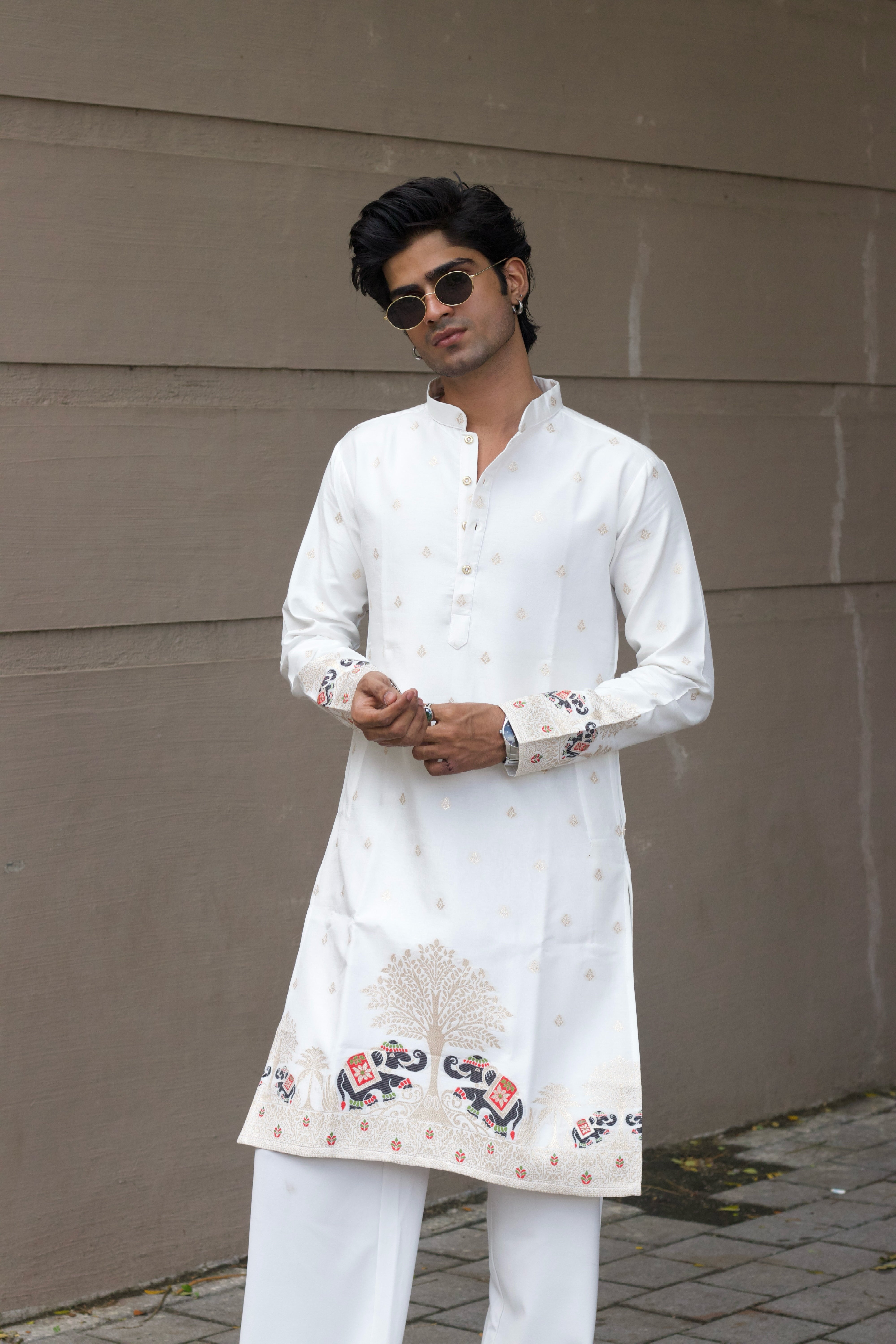MADHURI ELEPHANT WHITE PATTERN JACQUARD DESIGNER KURTA