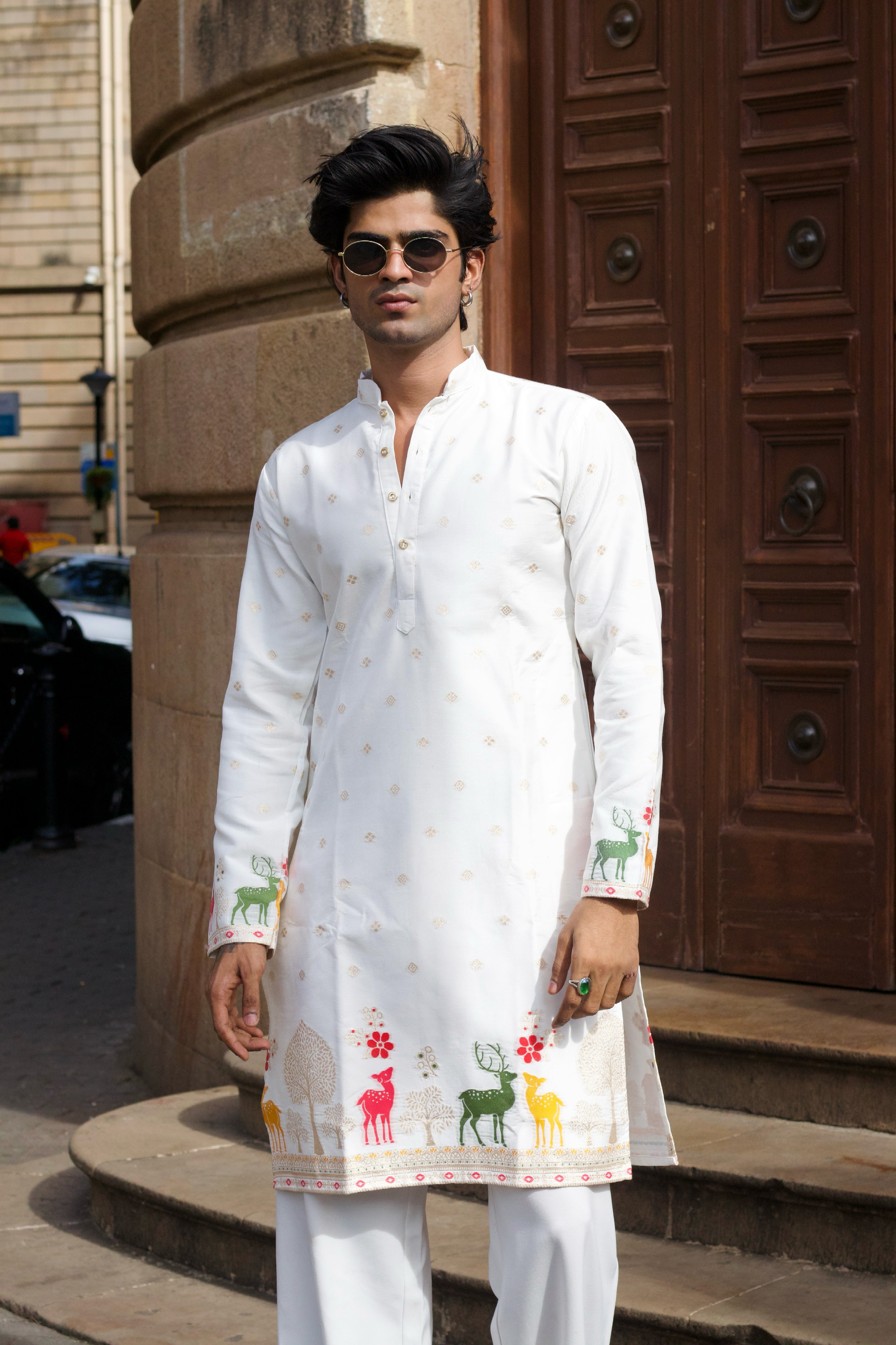 DEER PATTERN WHITE JACQUARD DESIGNER KURTA