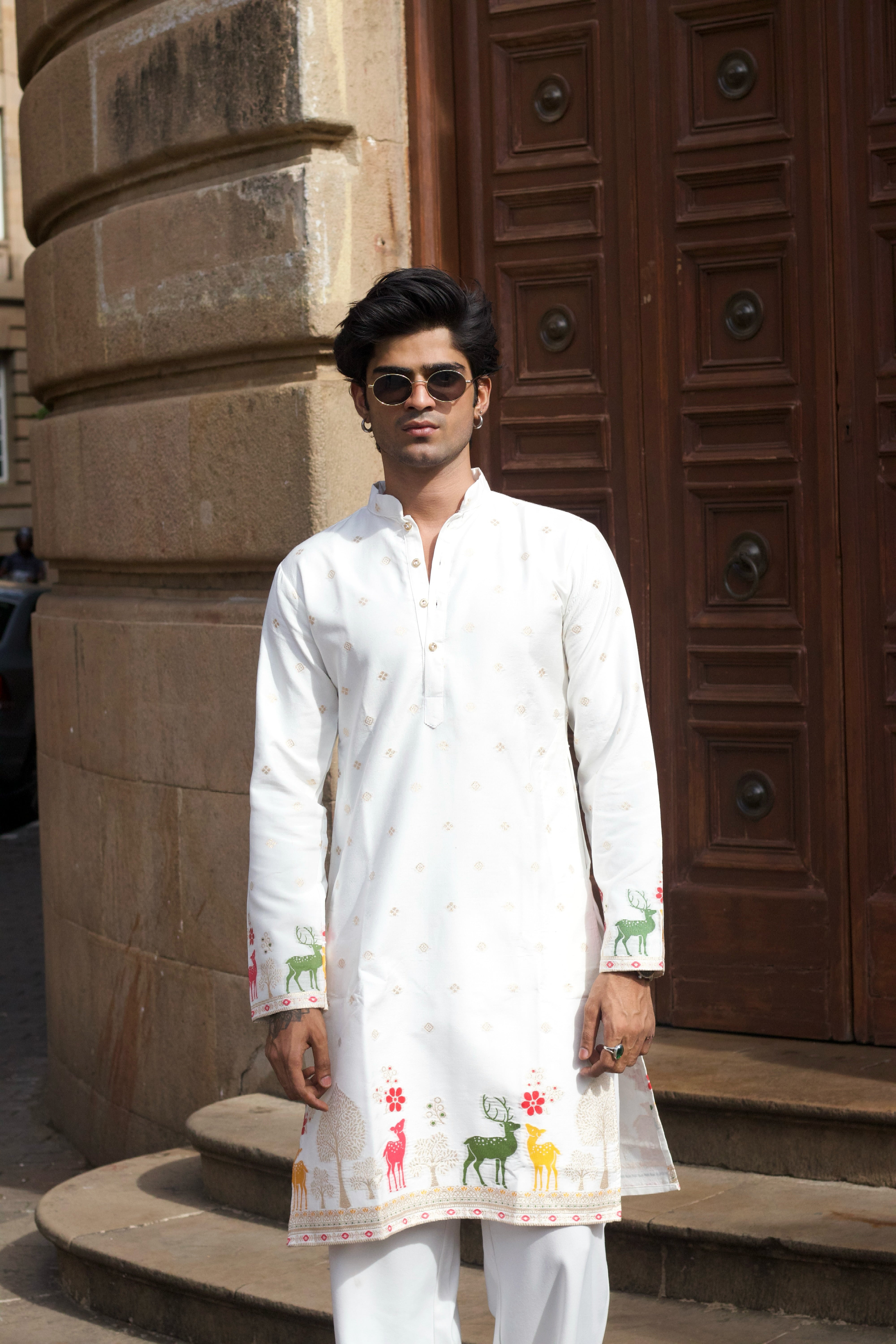 DEER PATTERN WHITE JACQUARD DESIGNER KURTA