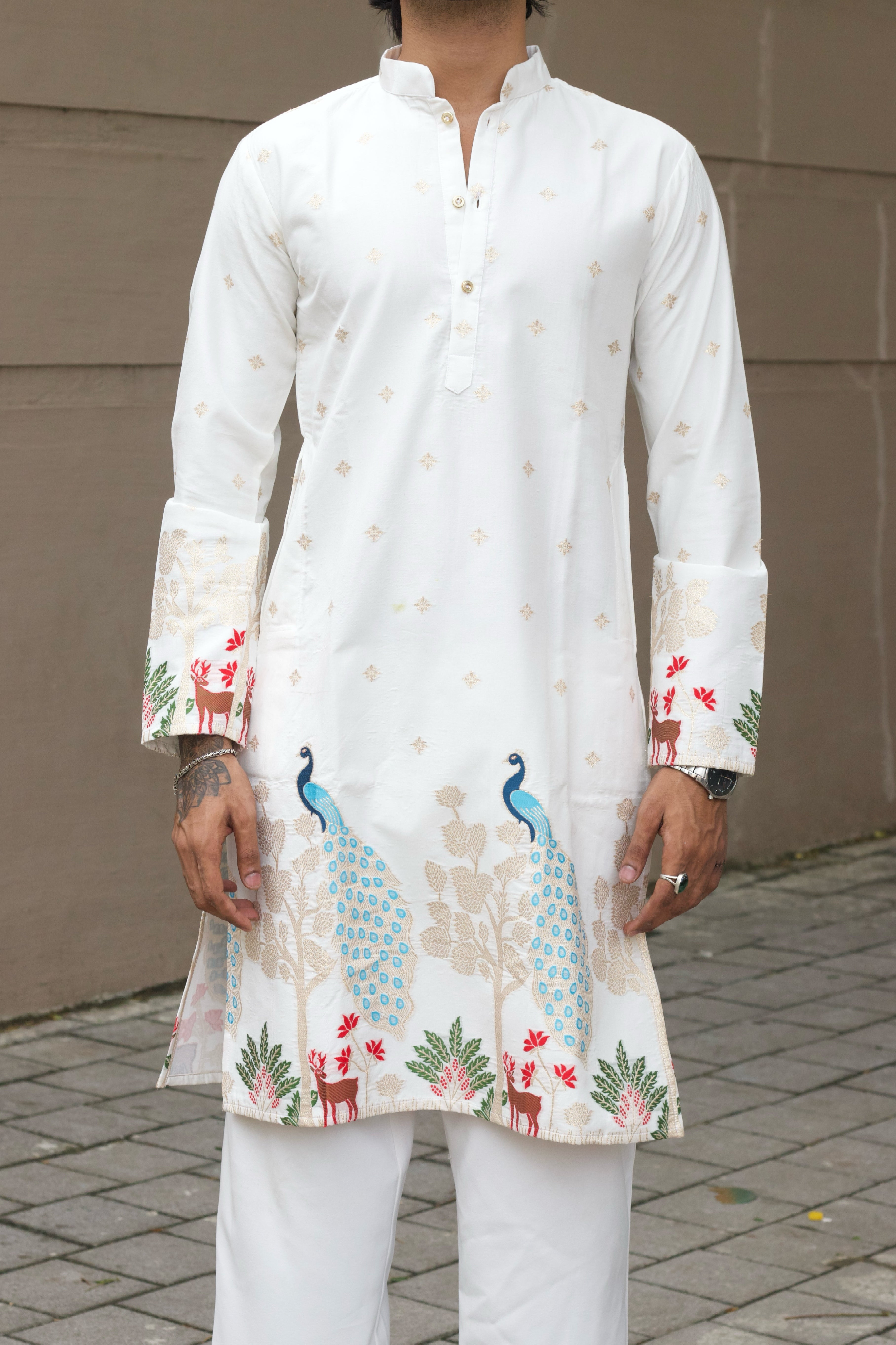 WHITE PEACOCK PATTERN JACQUARD DESIGNER KURTA
