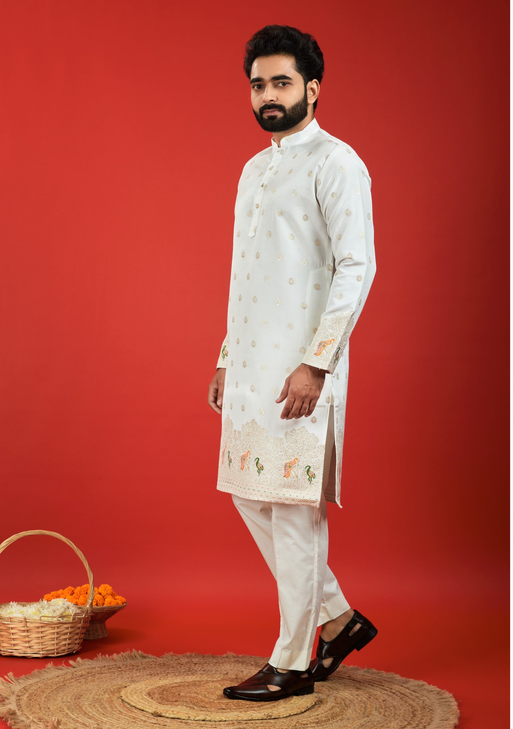 WHITE BIRDS PATTERN JACQUARD DESIGNER KURTA