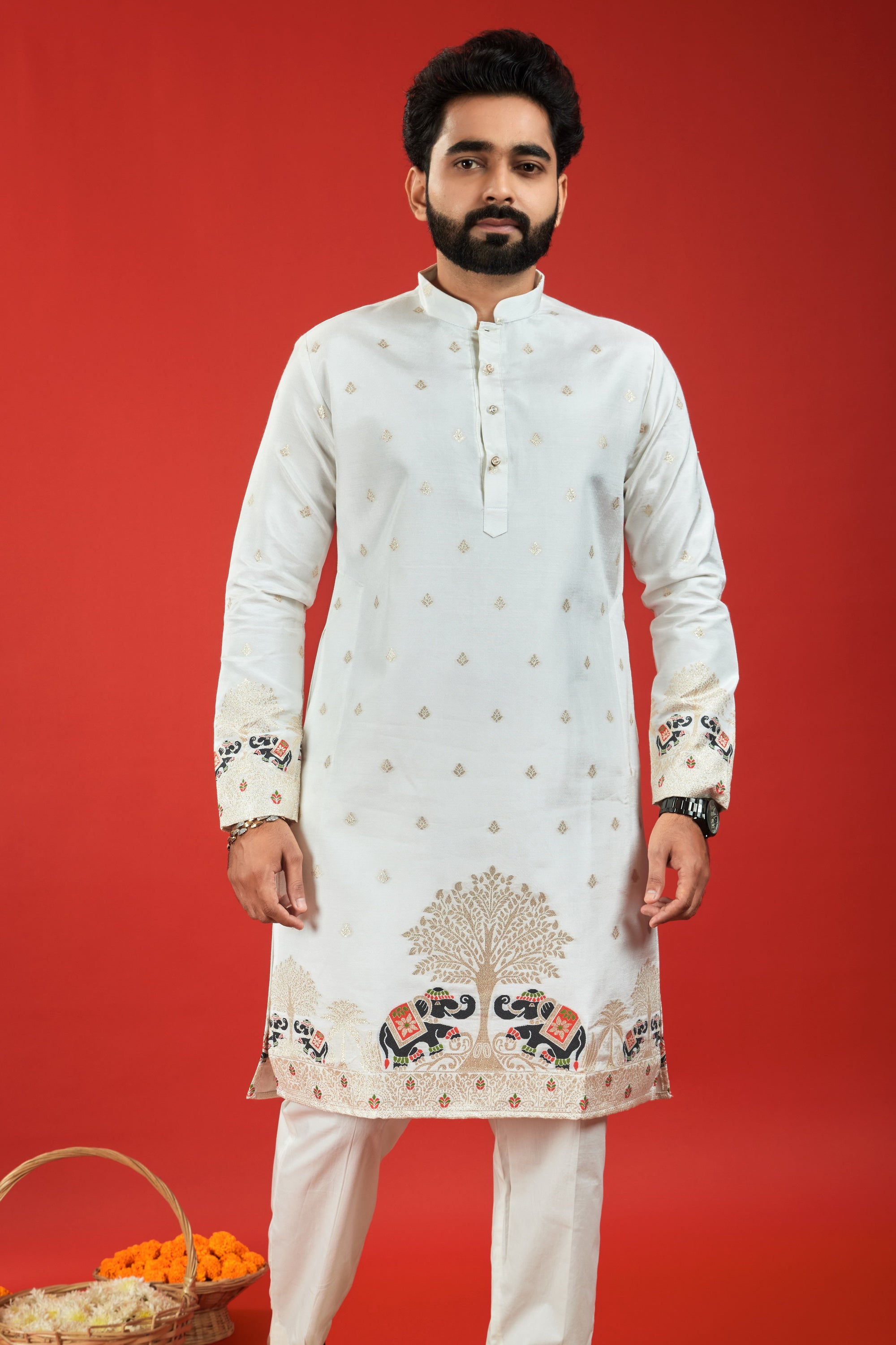 WHITE MADHURI ELEPHANT PATTERN JACQUARD DESIGNER KURTA