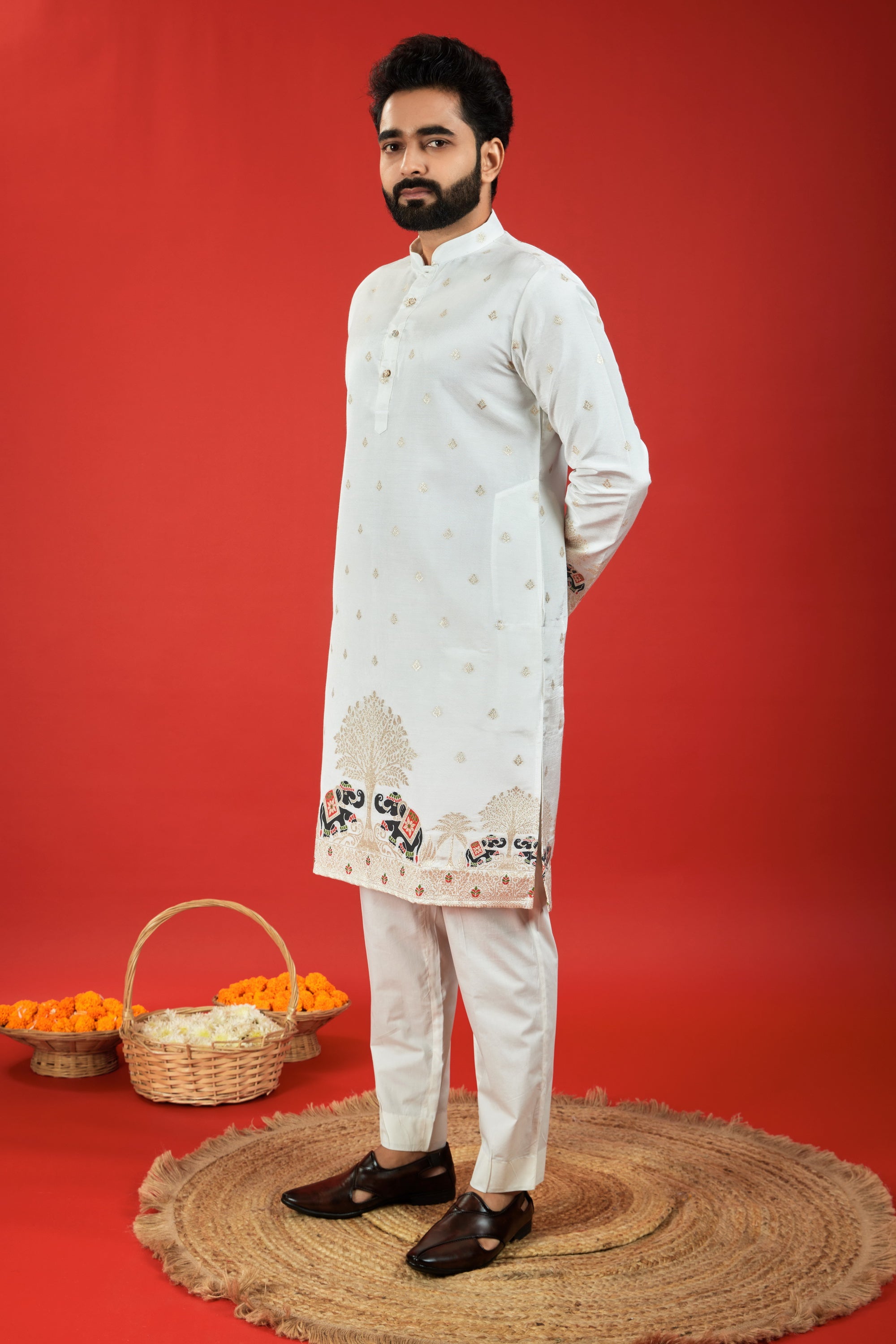 WHITE MADHURI ELEPHANT PATTERN JACQUARD DESIGNER KURTA