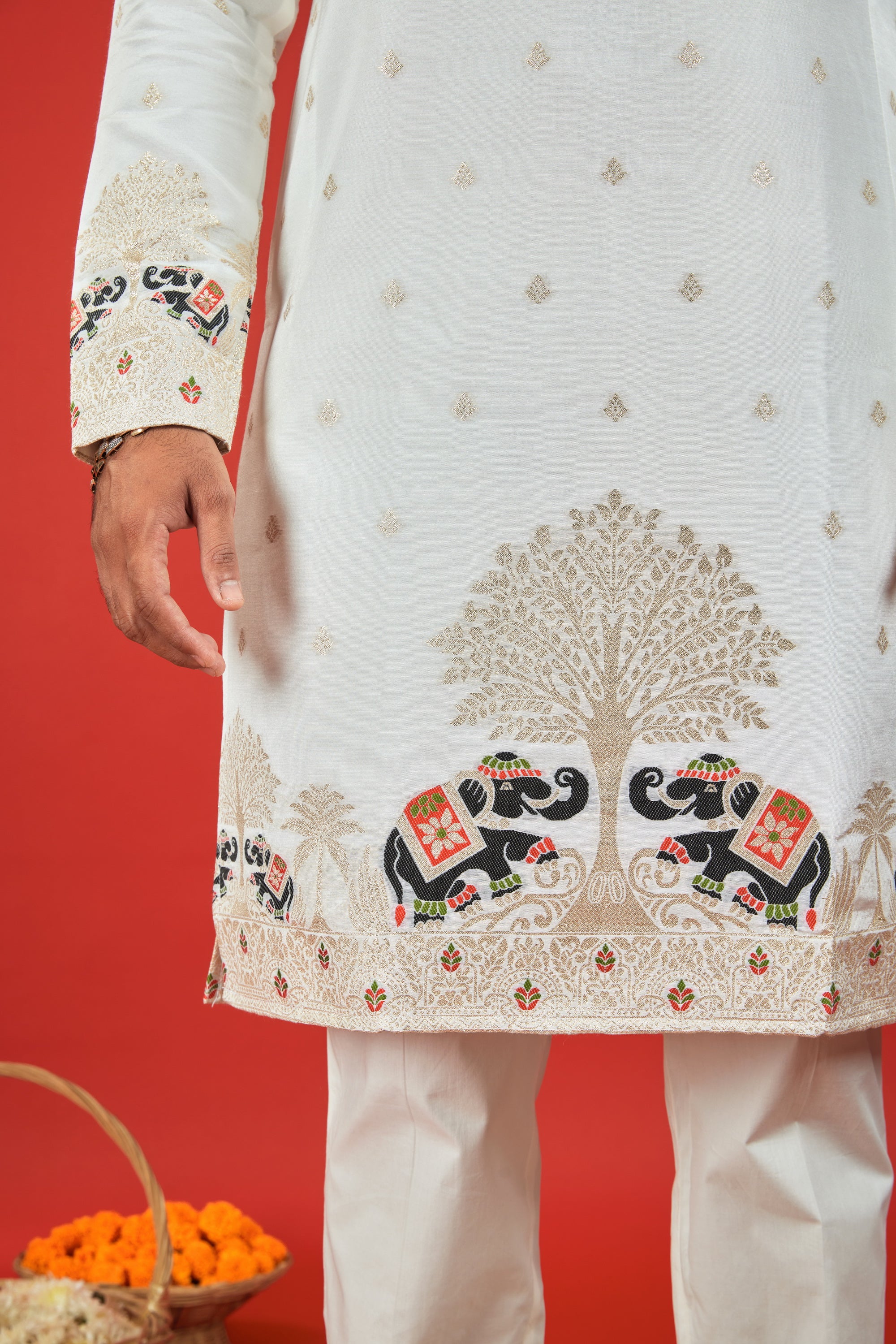 WHITE MADHURI ELEPHANT PATTERN JACQUARD DESIGNER KURTA