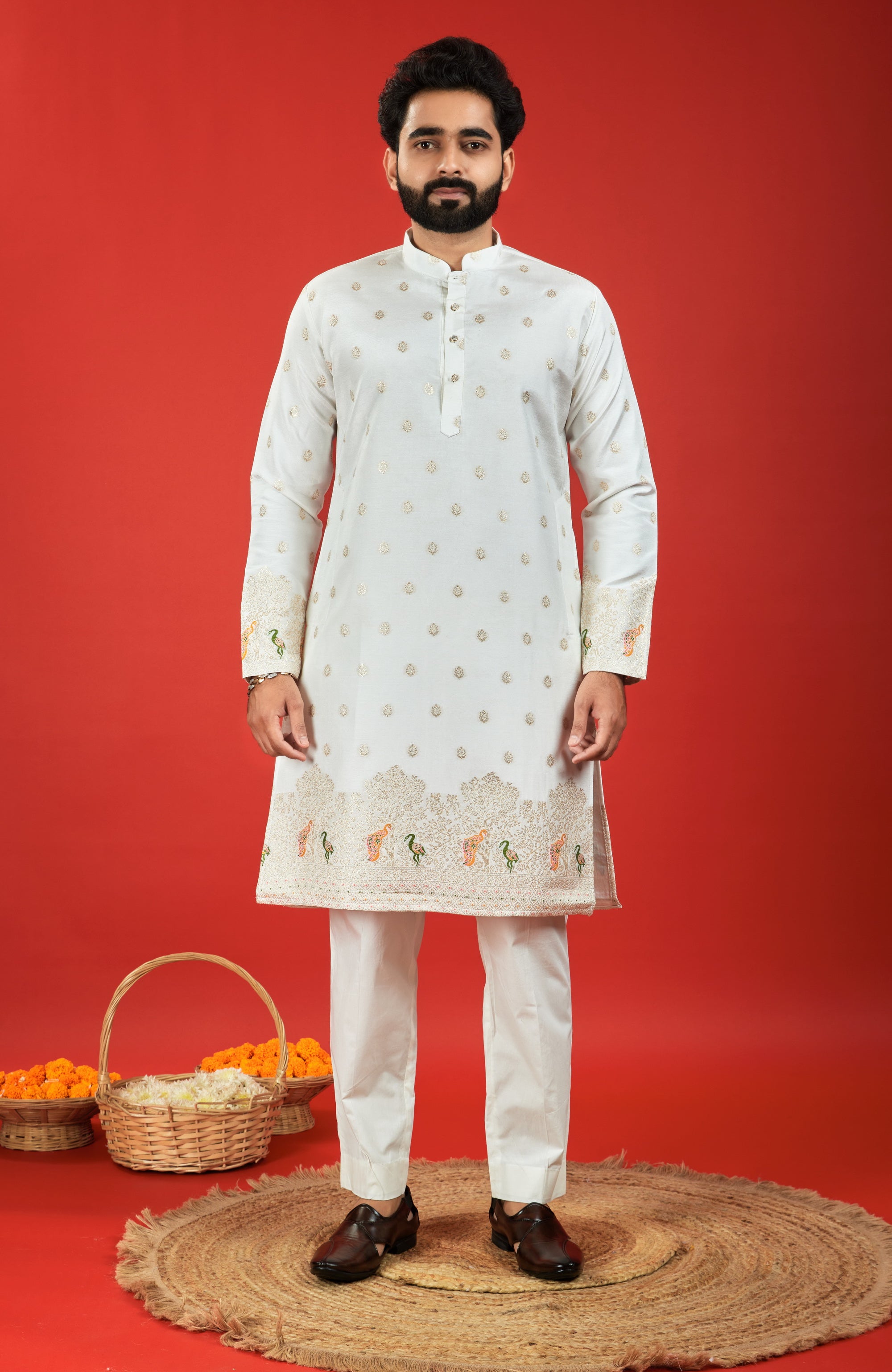 WHITE BIRDS PATTERN JACQUARD DESIGNER KURTA