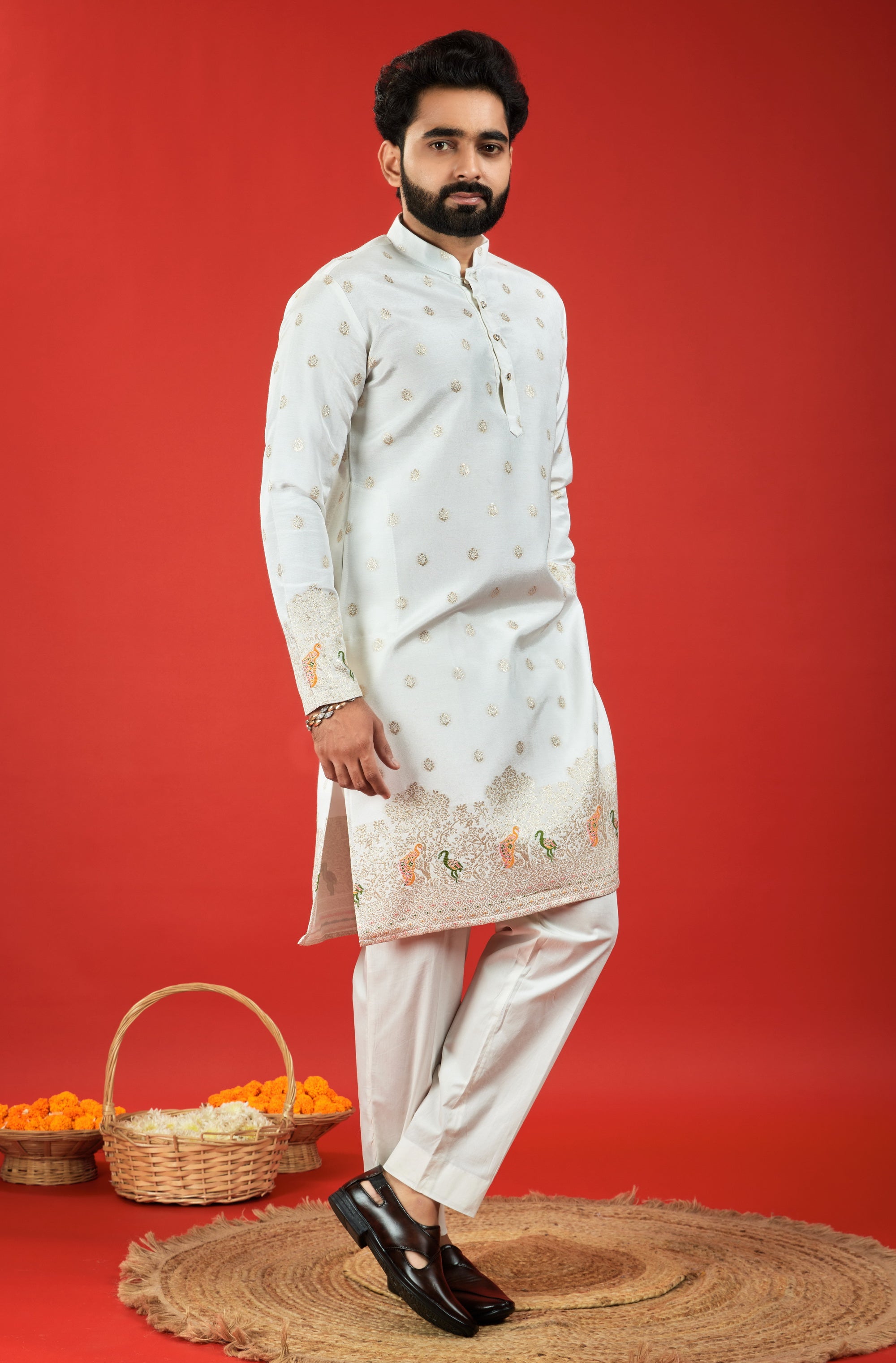 WHITE BIRDS PATTERN JACQUARD DESIGNER KURTA