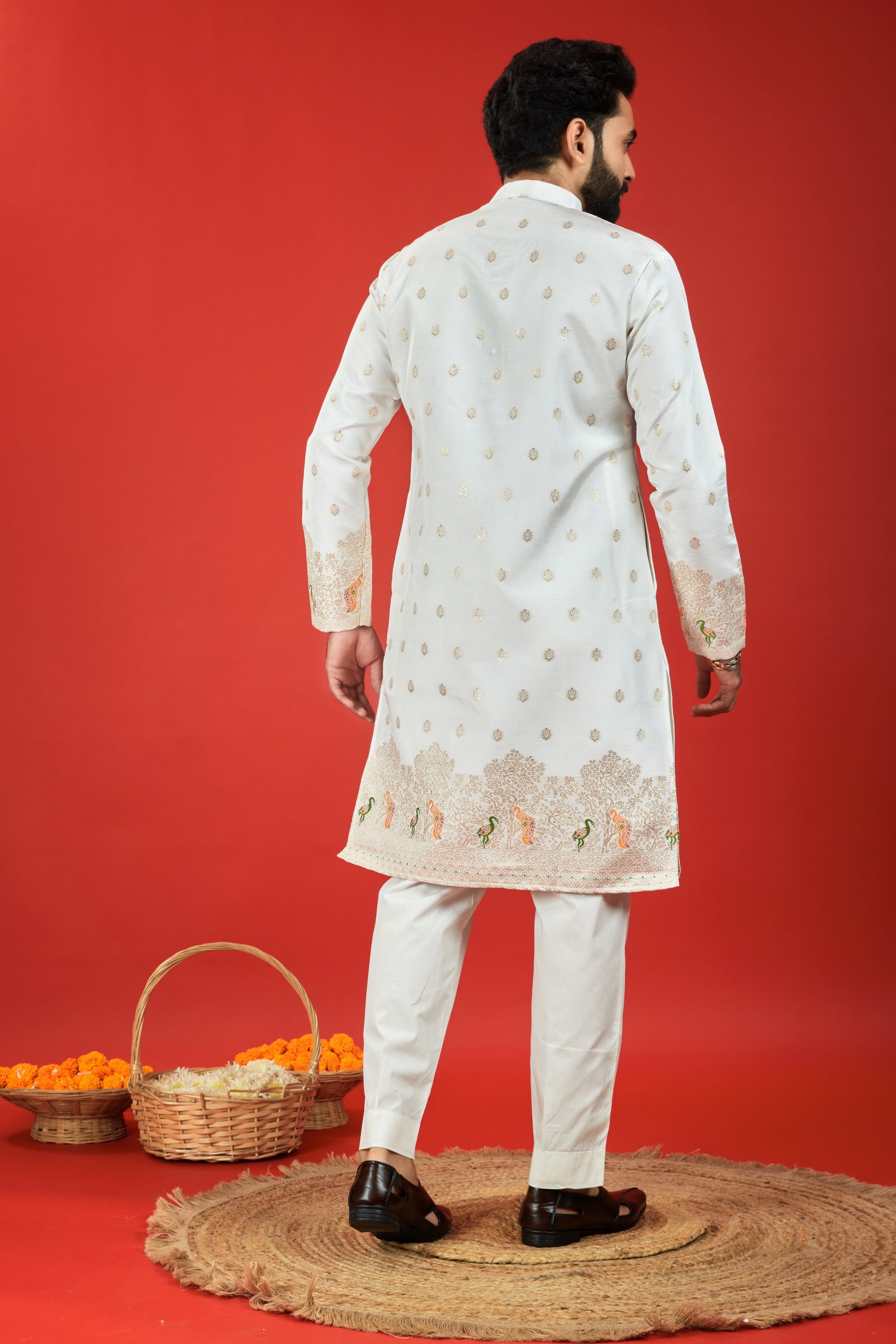 WHITE BIRDS PATTERN JACQUARD DESIGNER KURTA