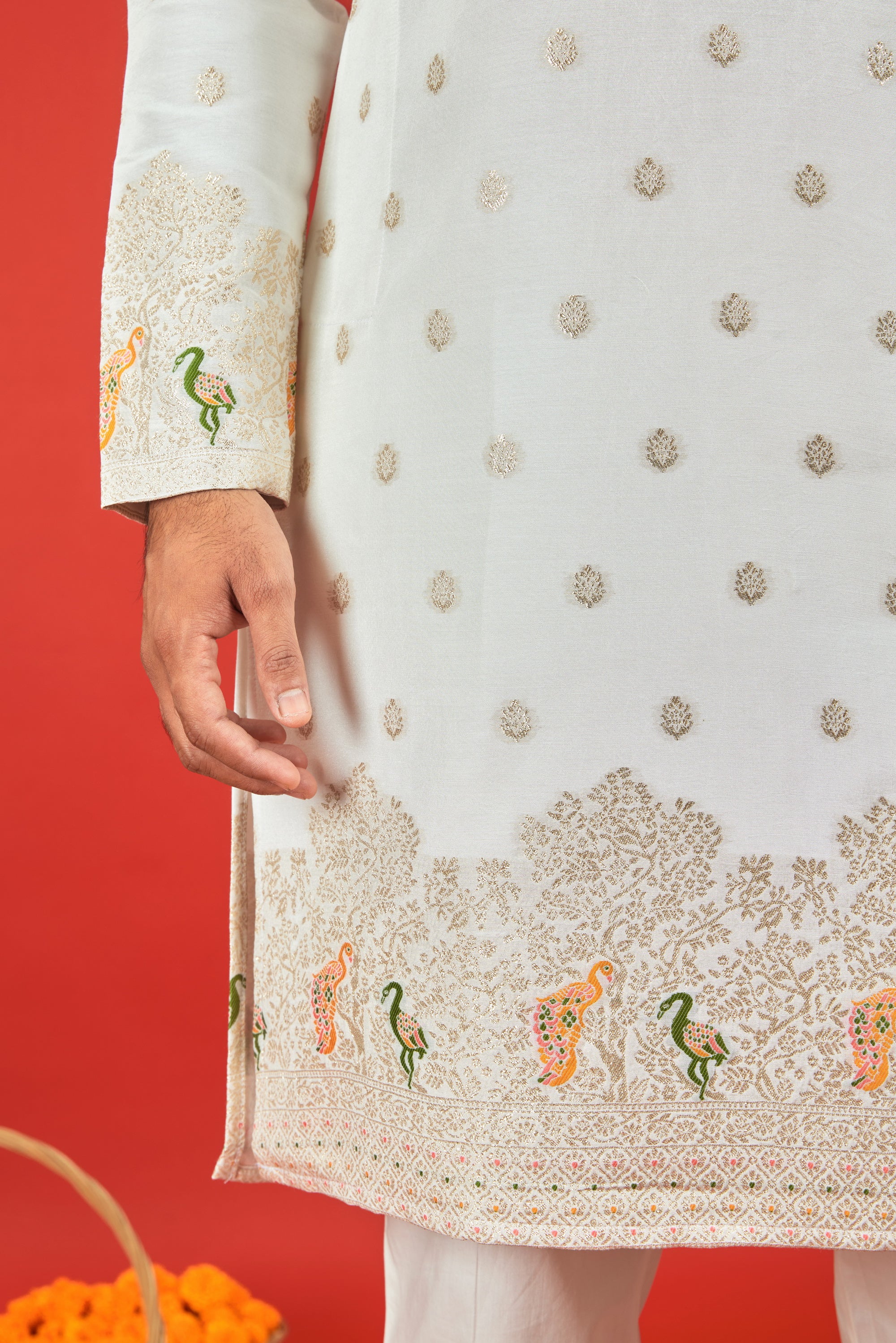 WHITE BIRDS PATTERN JACQUARD DESIGNER KURTA