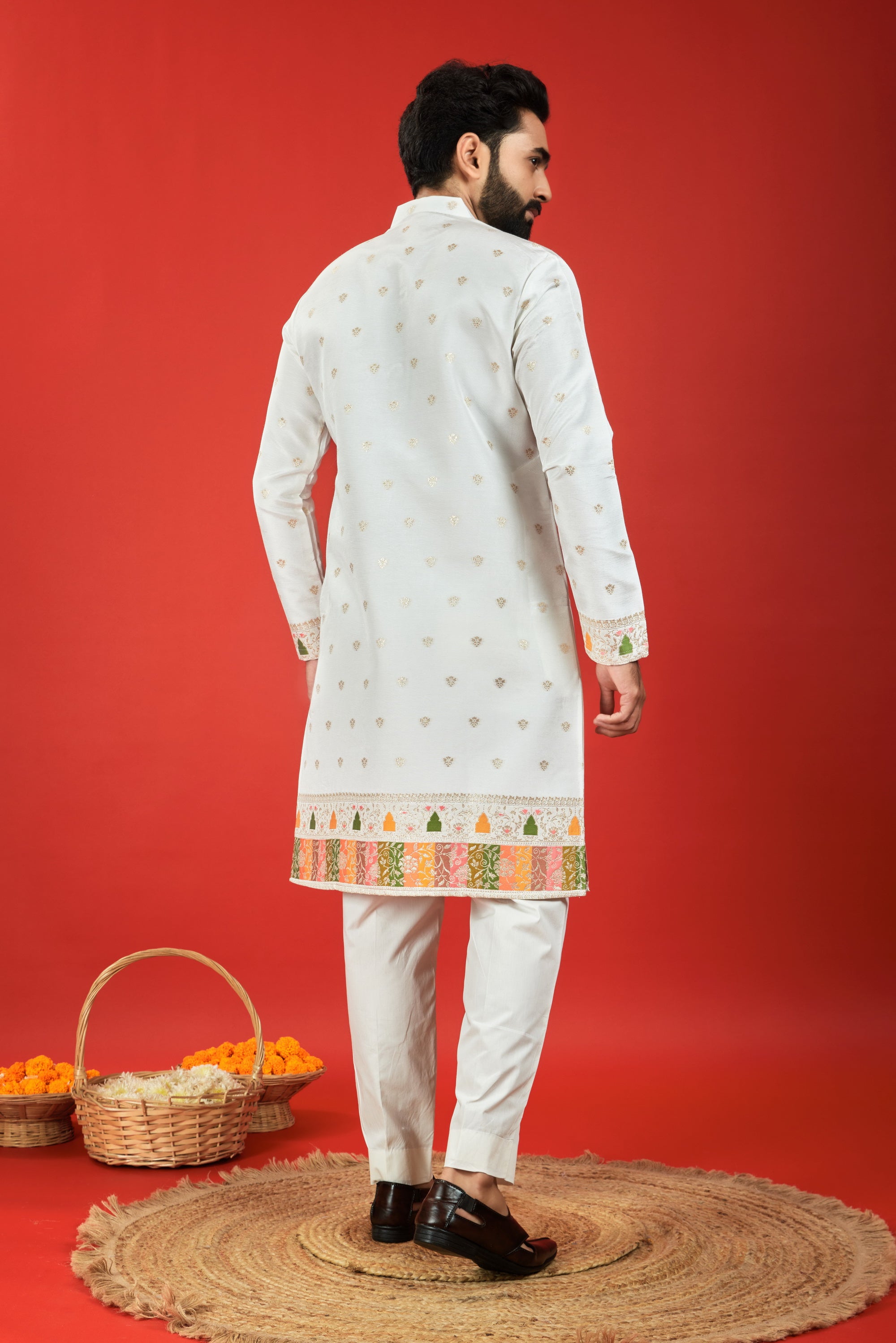 WHITE RAJWADI PATTERN JACQUARD DESIGNER KURTA