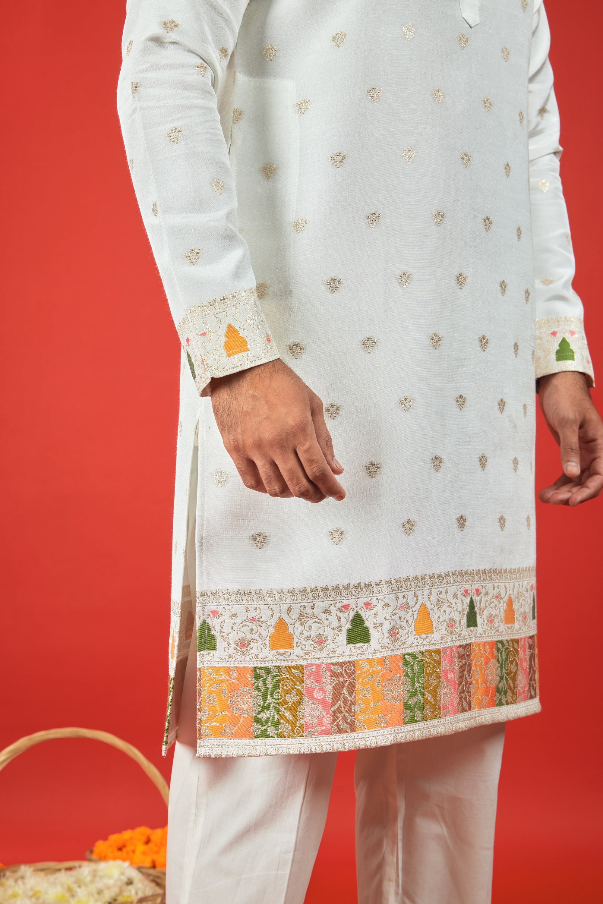 WHITE RAJWADI PATTERN JACQUARD DESIGNER KURTA