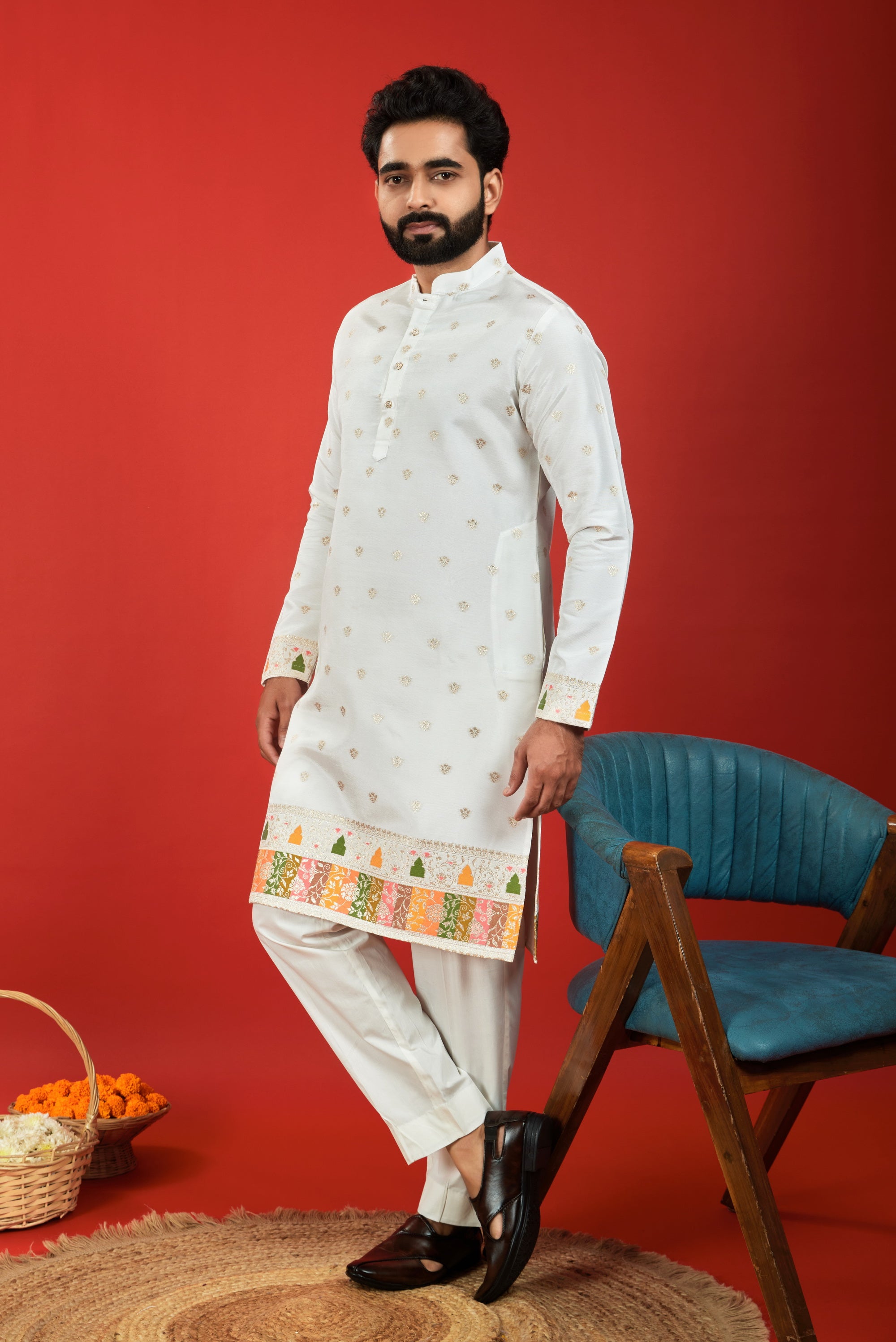WHITE RAJWADI PATTERN JACQUARD DESIGNER KURTA