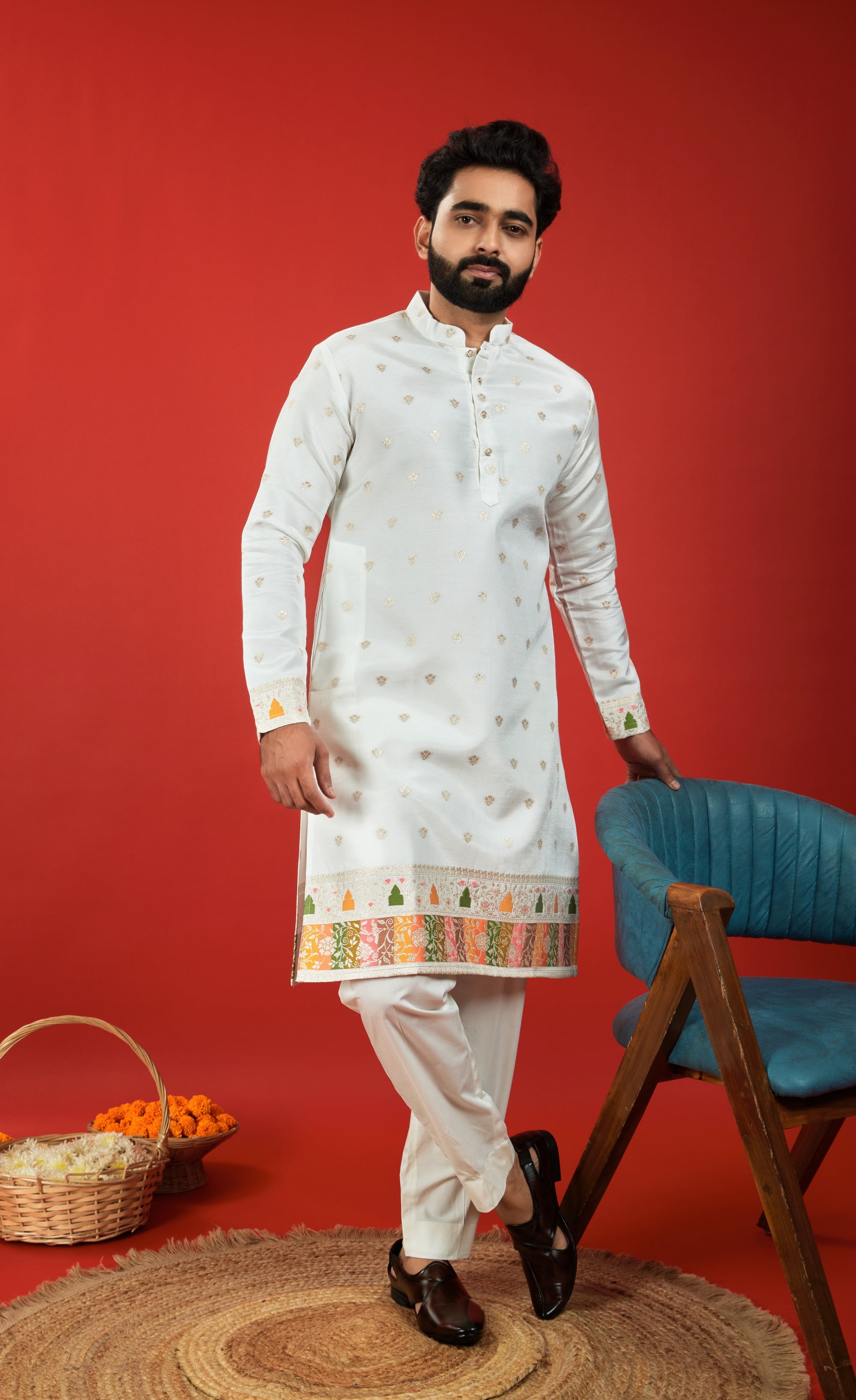 WHITE RAJWADI PATTERN JACQUARD DESIGNER KURTA