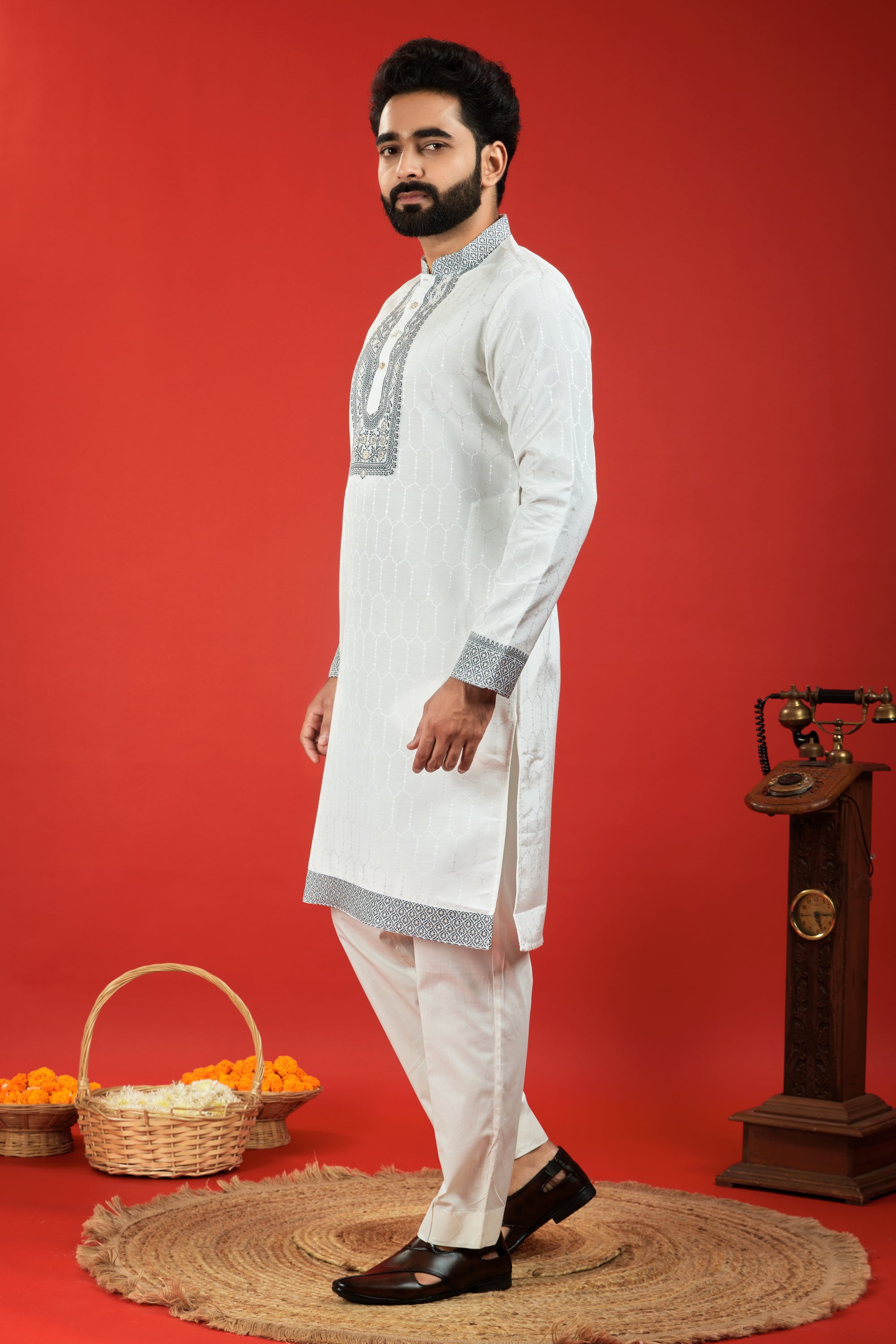 White Monogram Blue Floral Neck Jacquard Designer Kurta