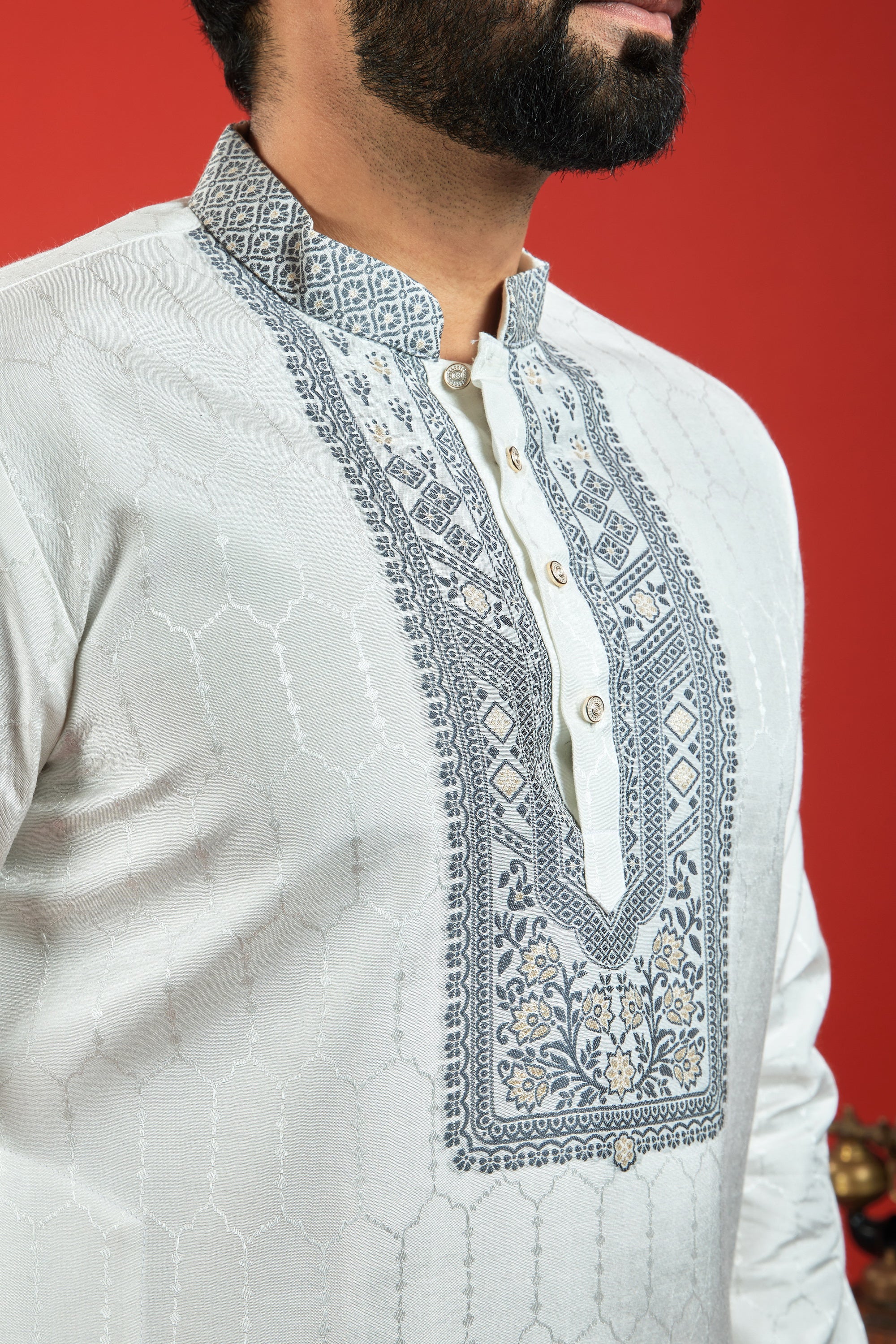 White Monogram Blue Floral Neck Jacquard Designer Kurta
