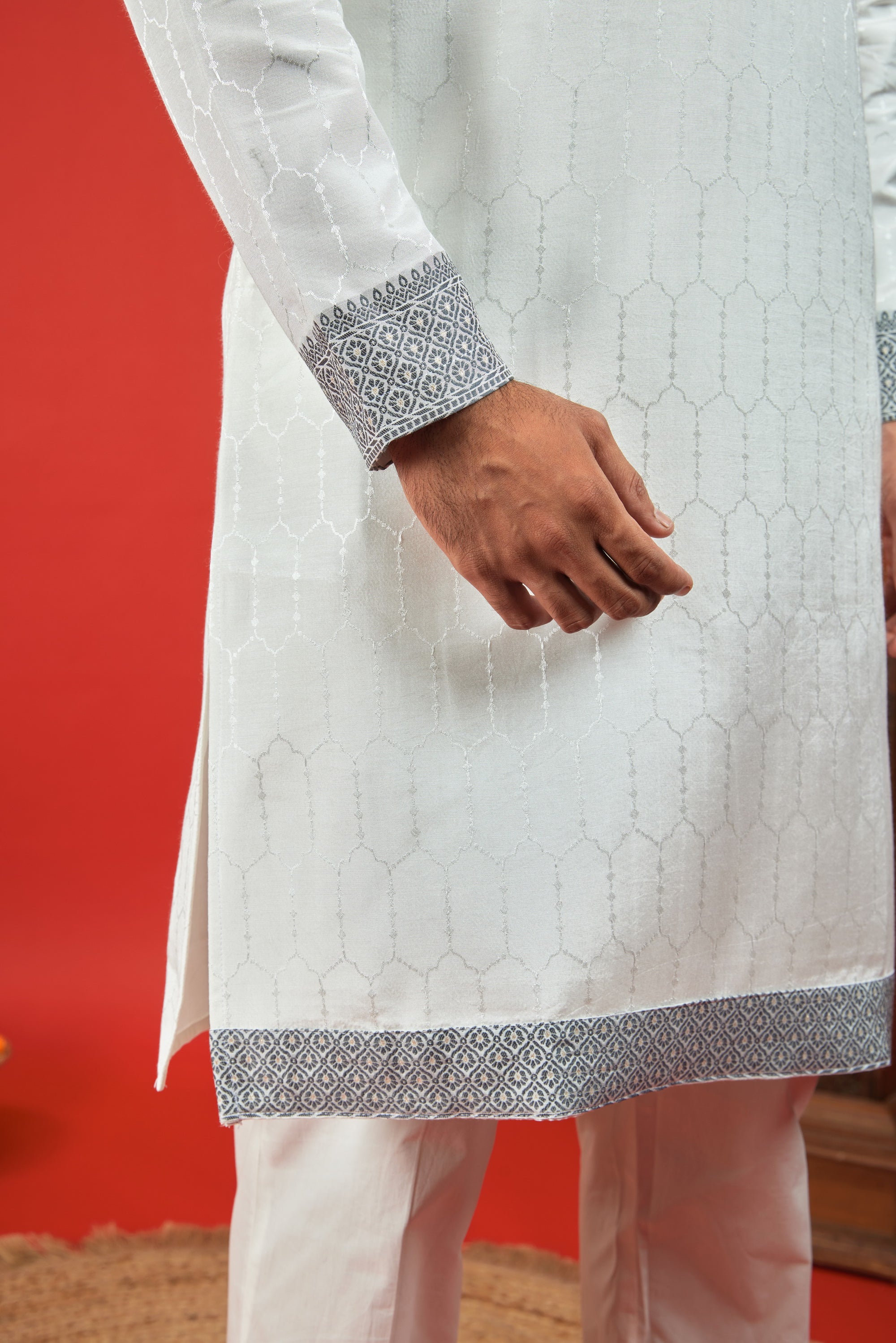 White Monogram Blue Floral Neck Jacquard Designer Kurta