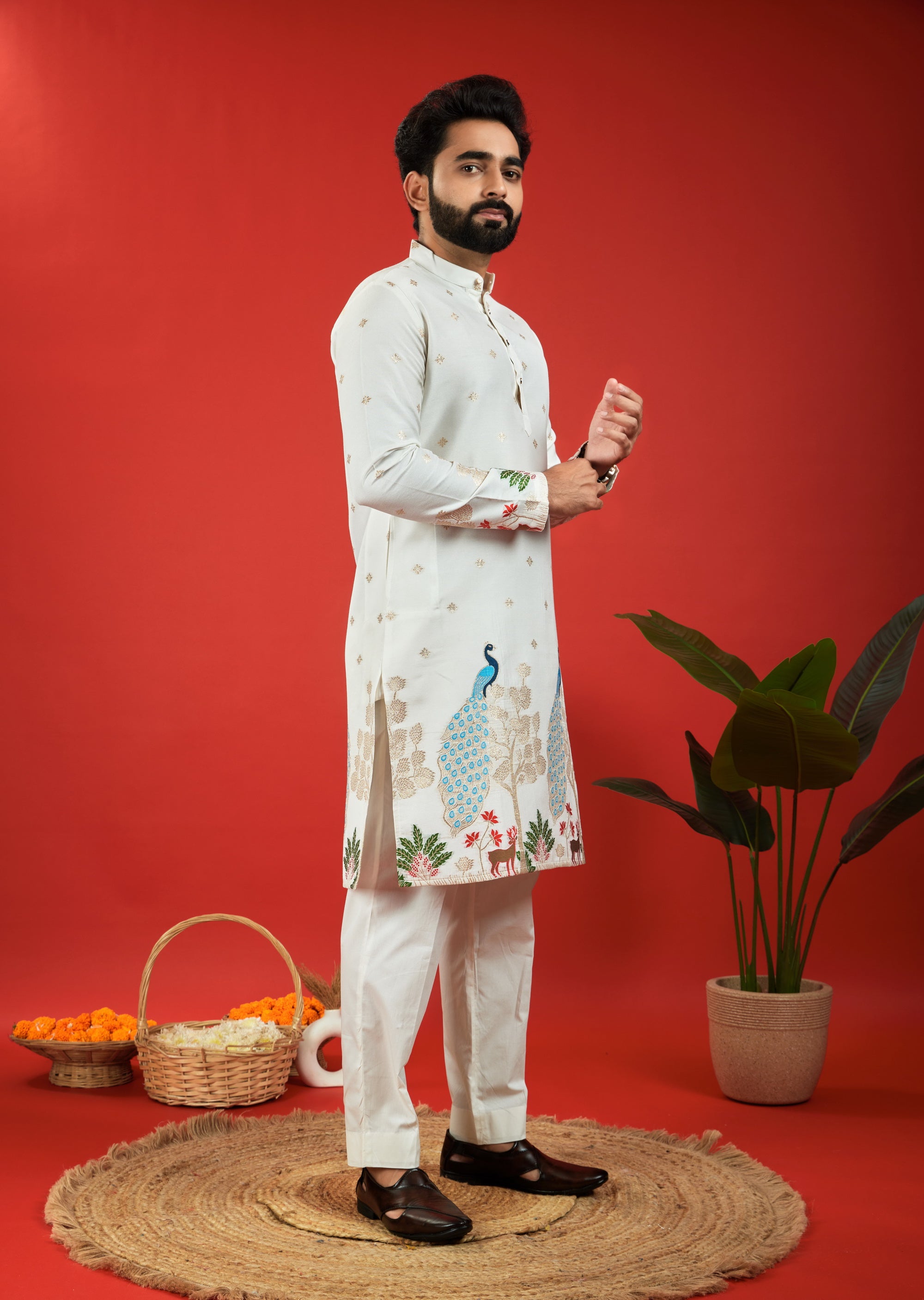 WHITE PEACOCK PATTERN JACQUARD DESIGNER KURTA