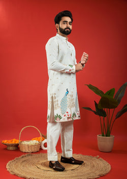 WHITE PEACOCK PATTERN JACQUARD DESIGNER KURTA