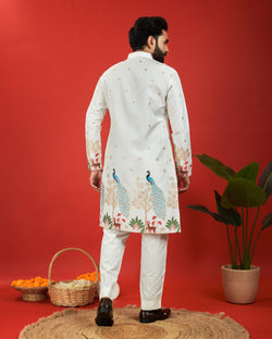 WHITE PEACOCK PATTERN JACQUARD DESIGNER KURTA