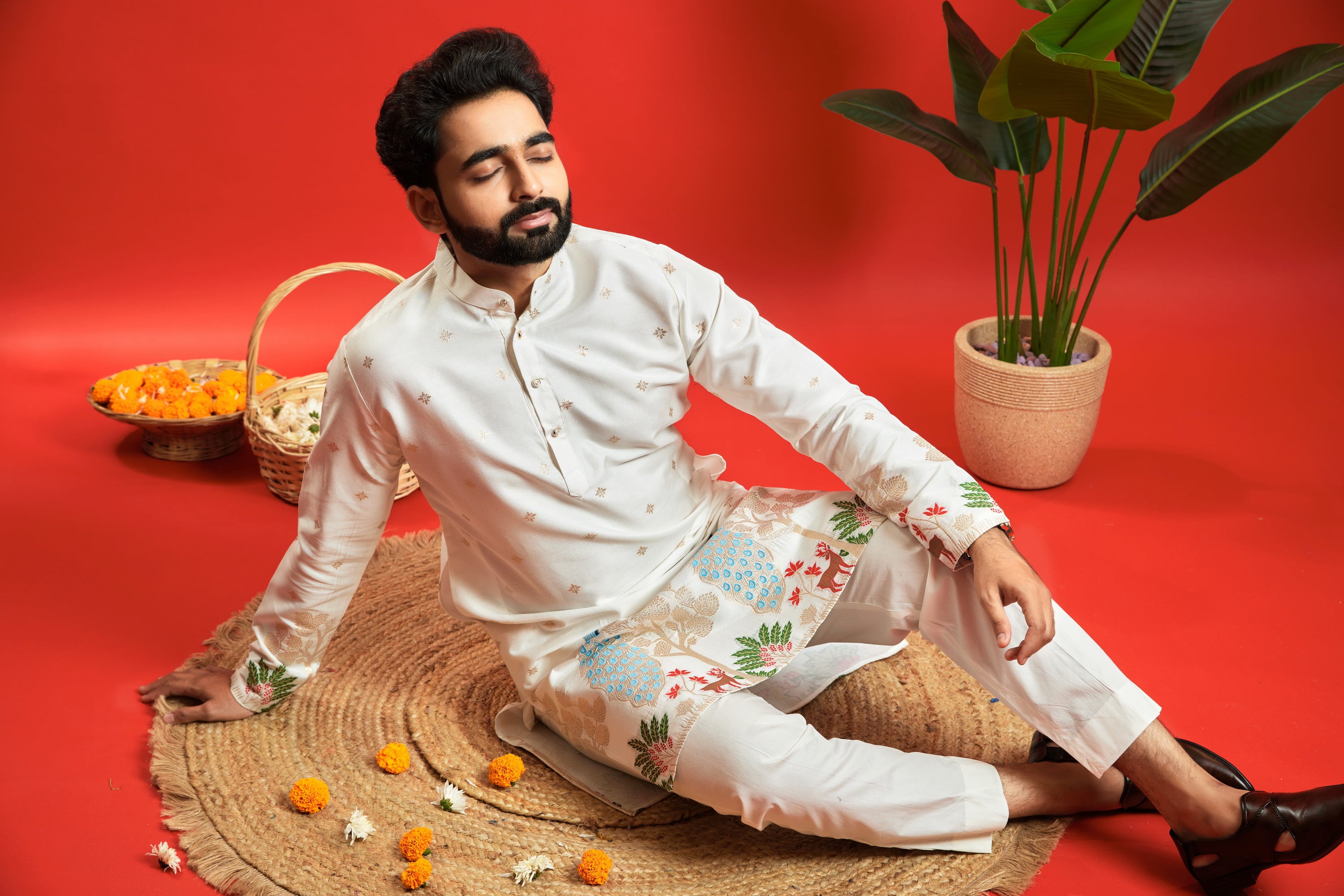 PEACOCK AND DEER PATTERN JACQUARD DESIGNER KURTA