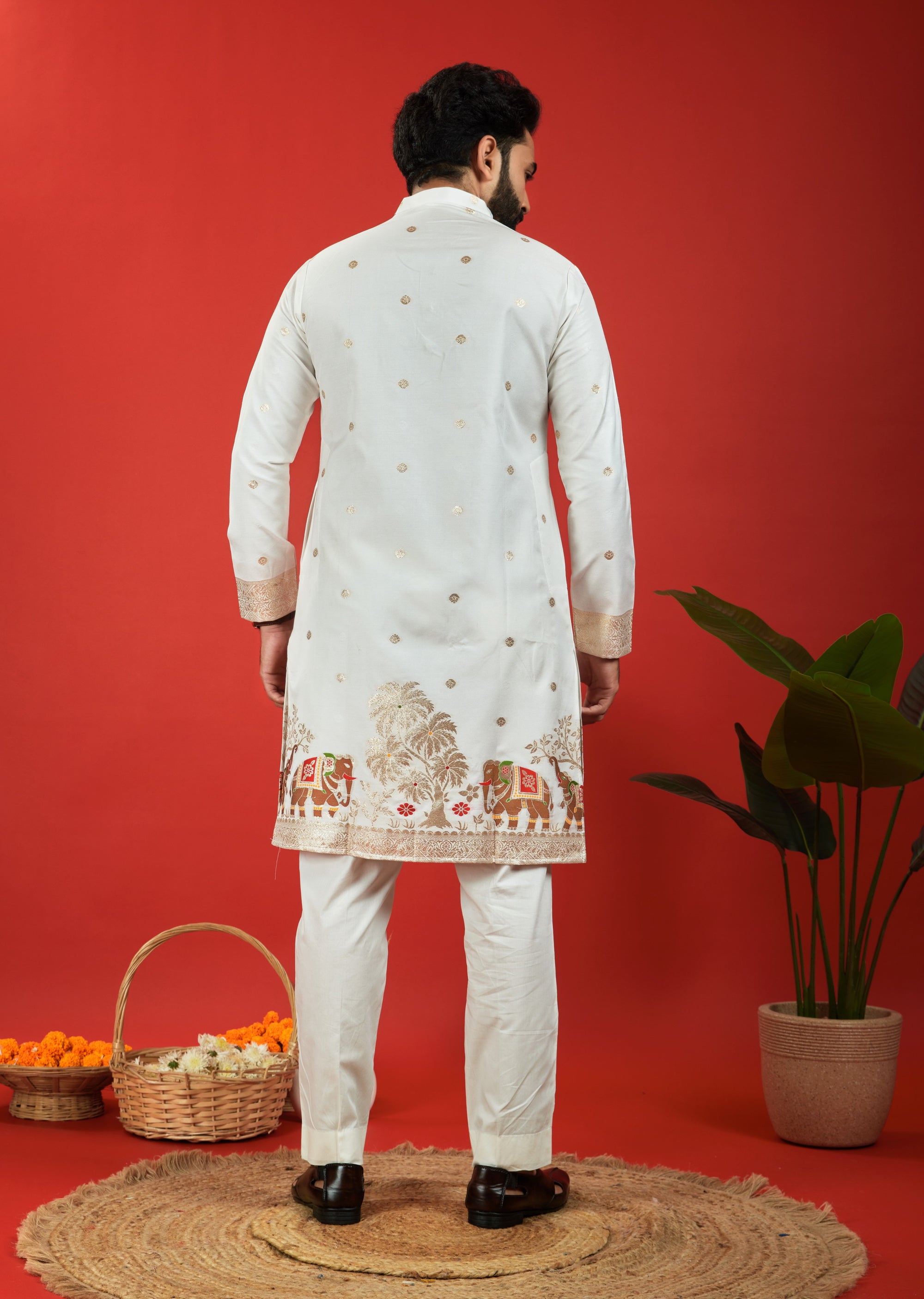 BROWN ELEPHANT PATTERN JACQUARD DESIGNER KURTA
