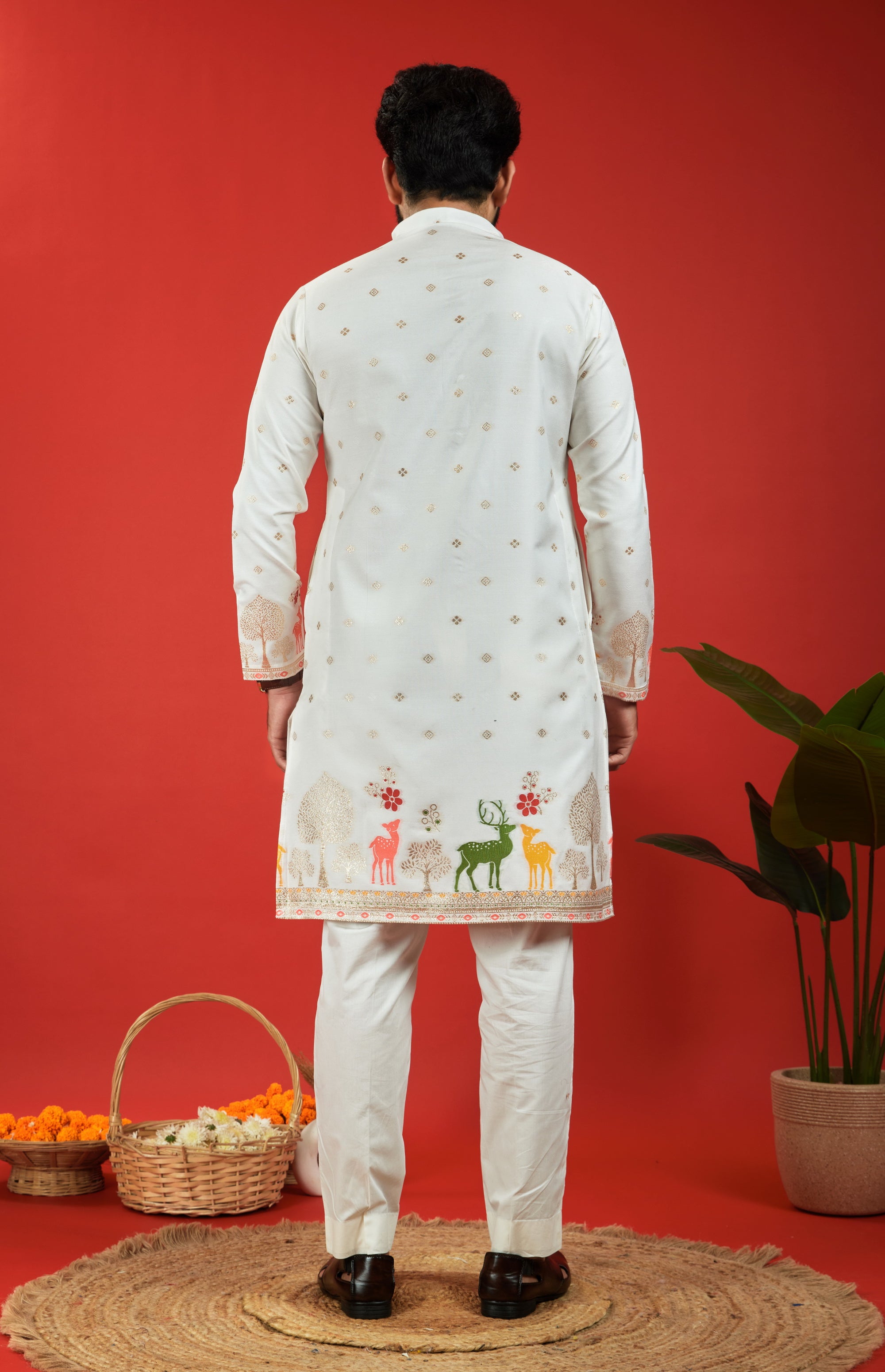 WHITE DEER PATTERN JACQUARD DESIGNER KURTA