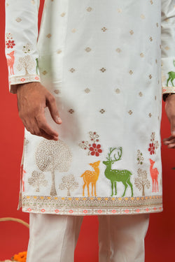 WHITE DEER PATTERN JACQUARD DESIGNER KURTA