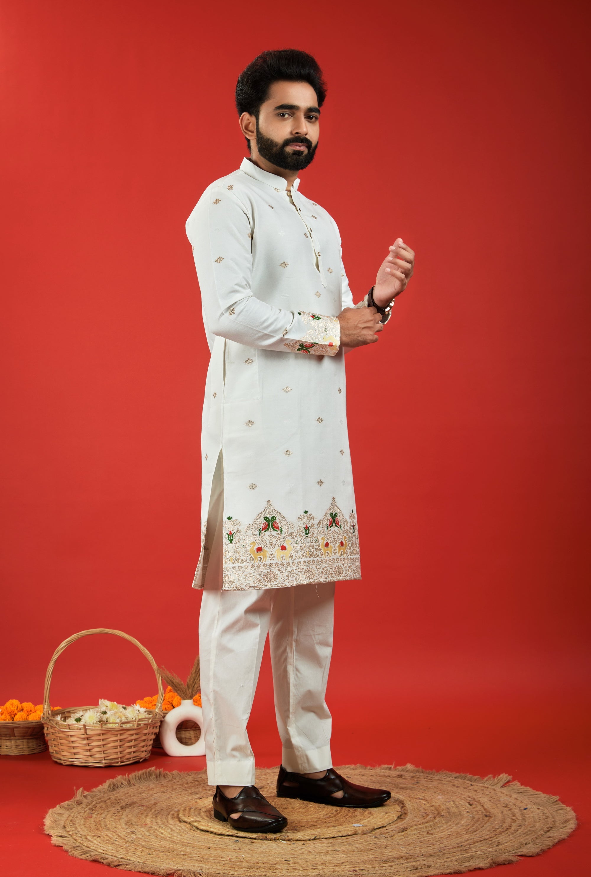 PARROT AND CAMEL PATTERN JACQUARD DESIGNER KURTA