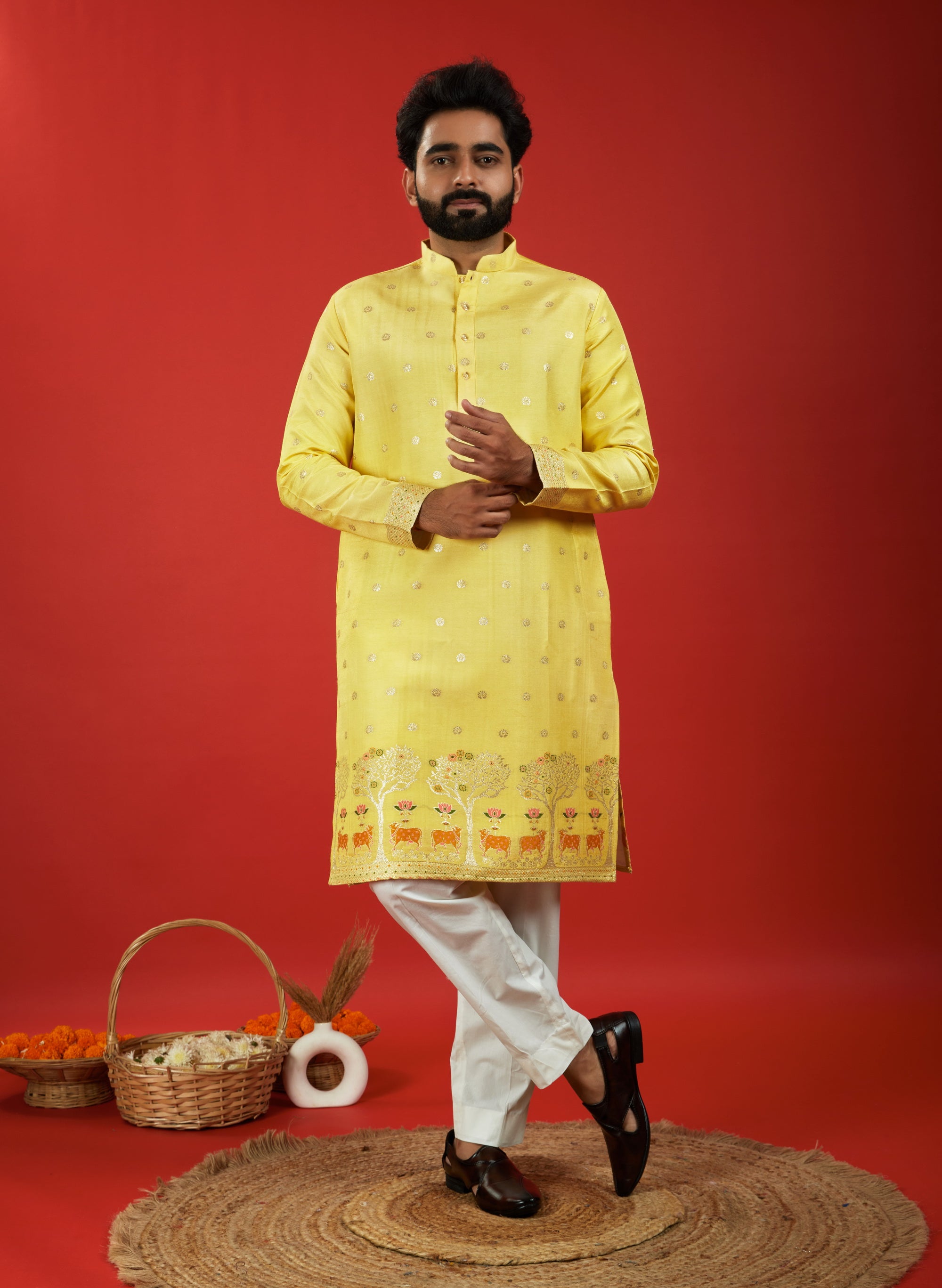 YELLOW GAURI TRADITIONAL SELECTED JACQUARD DESIGNER KURTA
