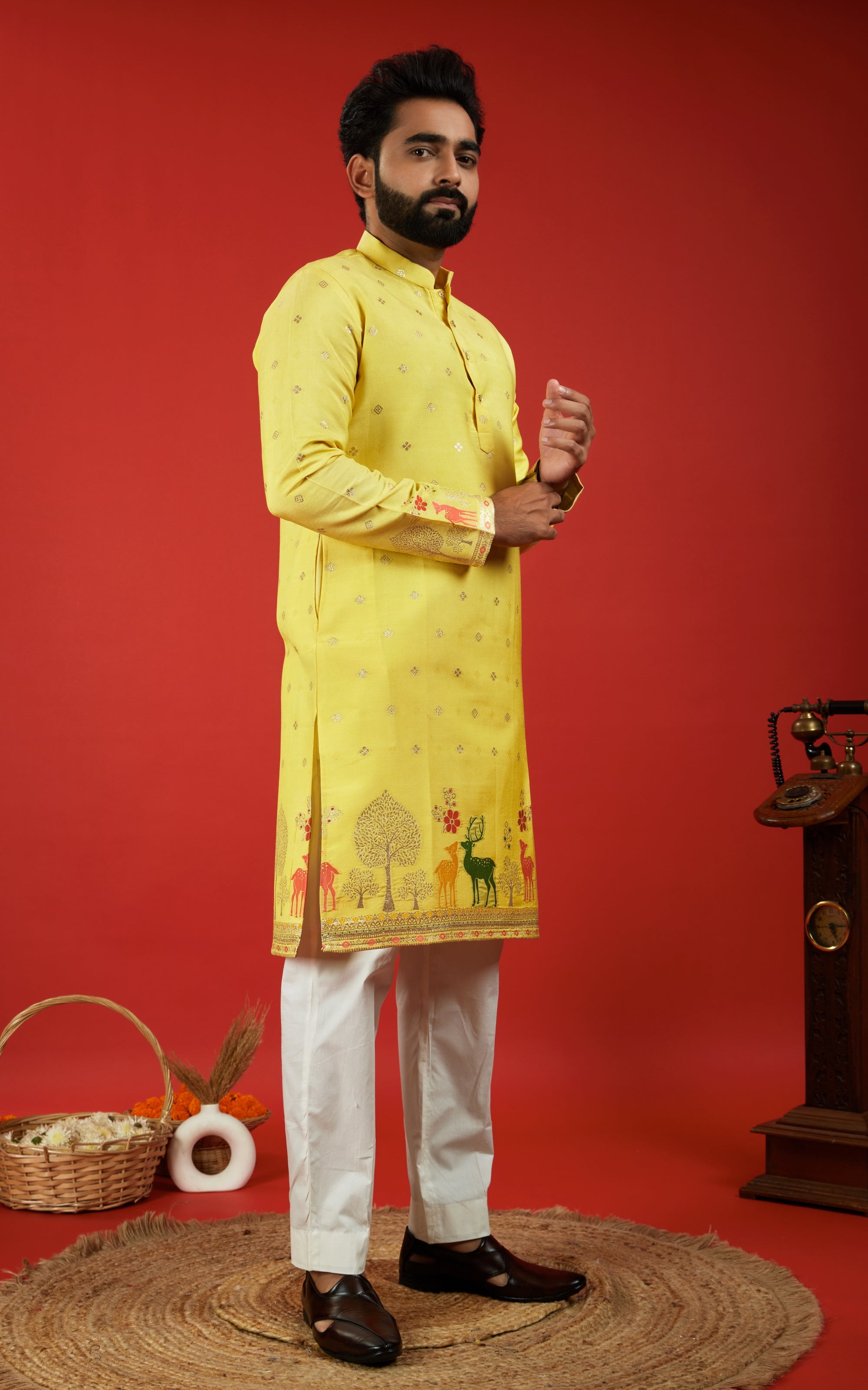 YELLOW DEER PATTERN JACQUARD DESIGNER KURTA