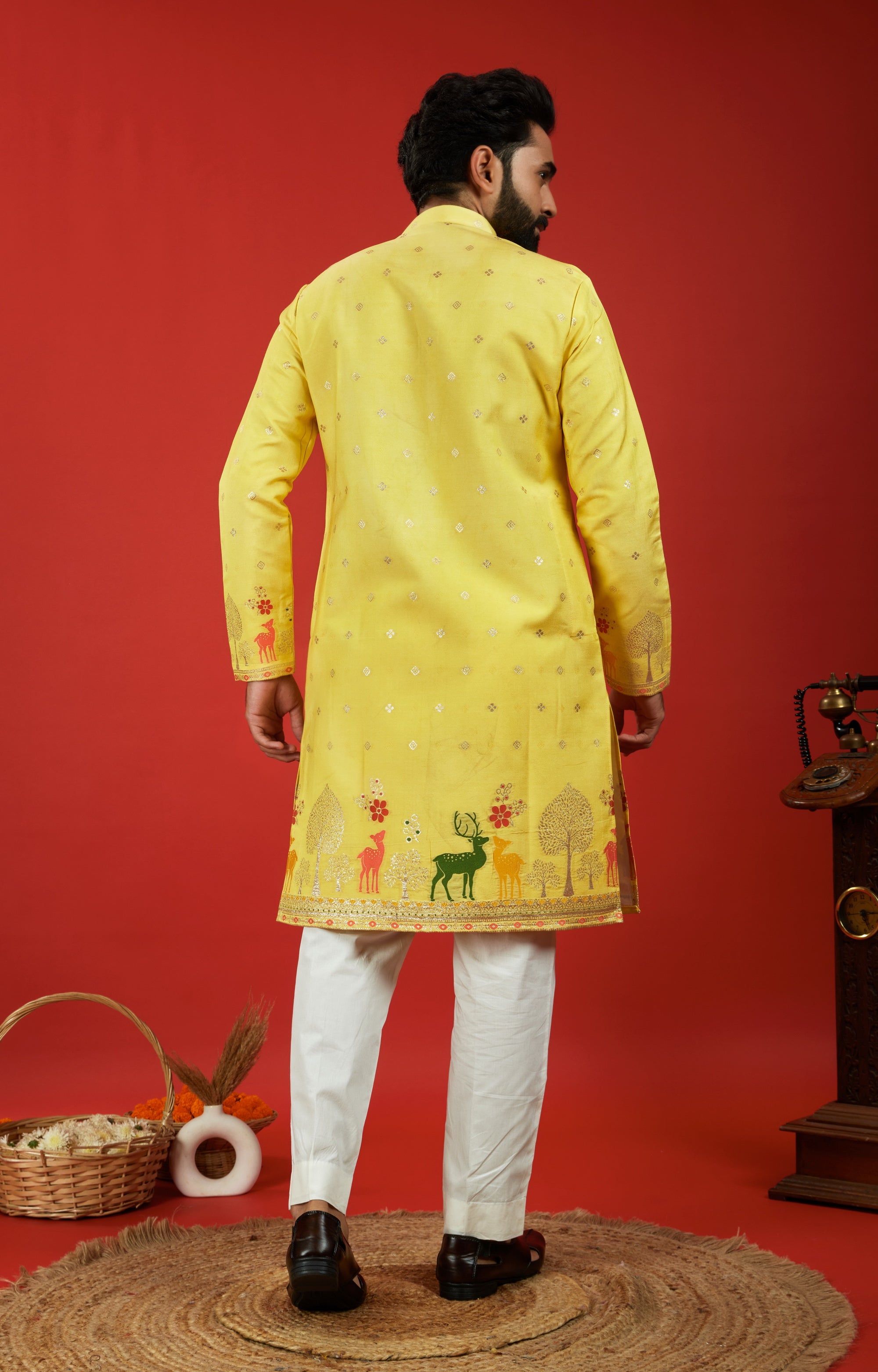 YELLOW DEER PATTERN JACQUARD DESIGNER KURTA