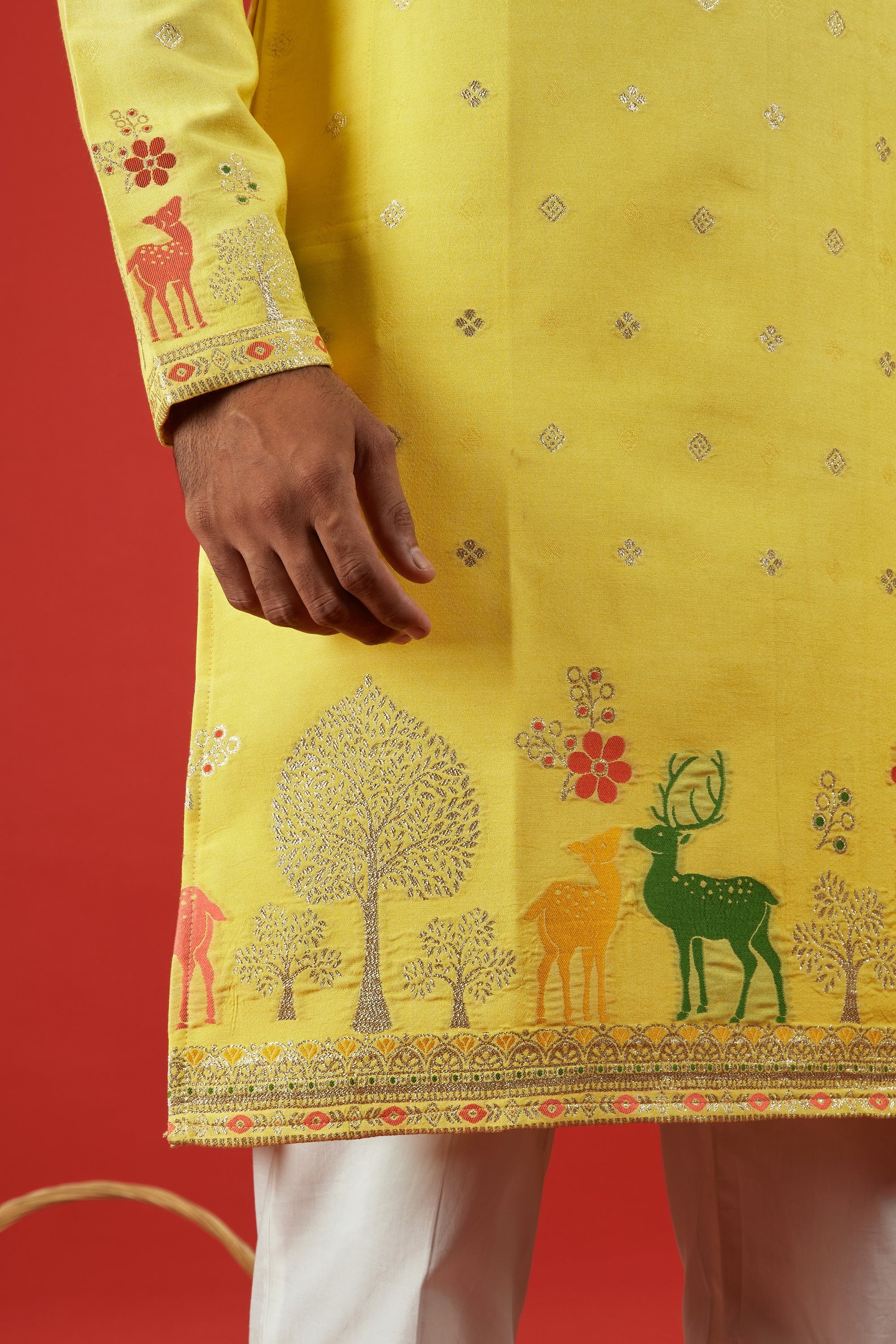 YELLOW DEER PATTERN JACQUARD DESIGNER KURTA