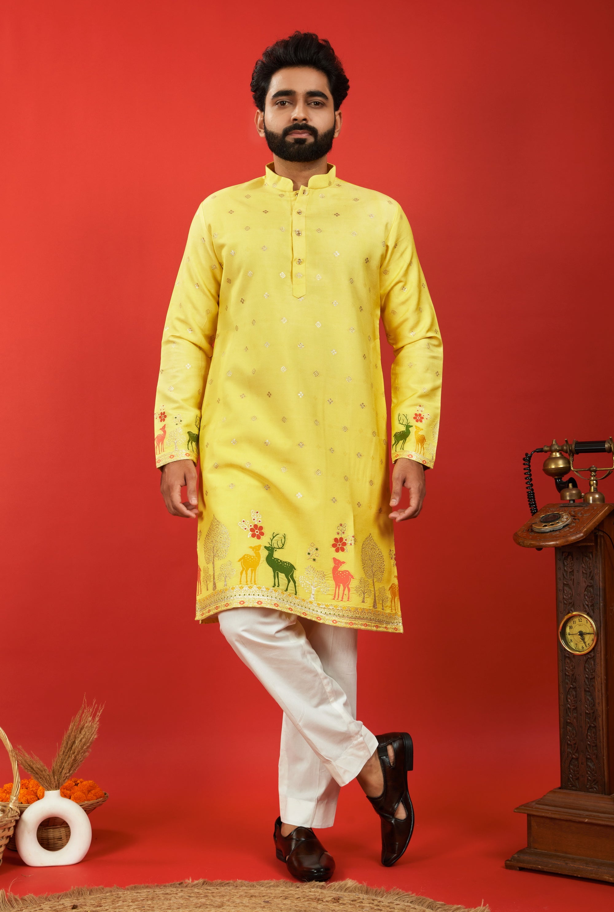 YELLOW DEER PATTERN JACQUARD DESIGNER KURTA