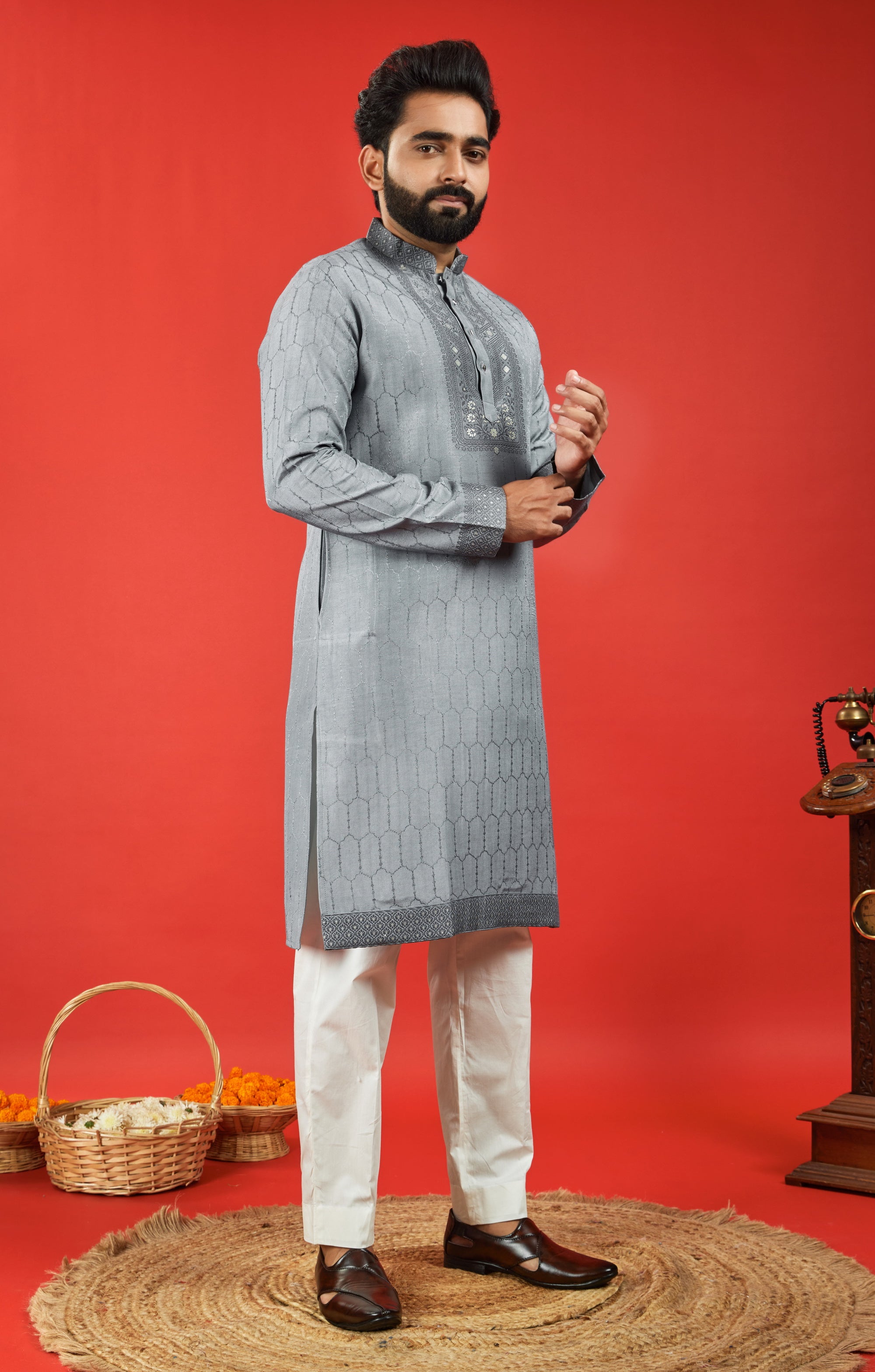 SMOKY GREY FLORAL NECK JACQUARD DESIGNER KURTA