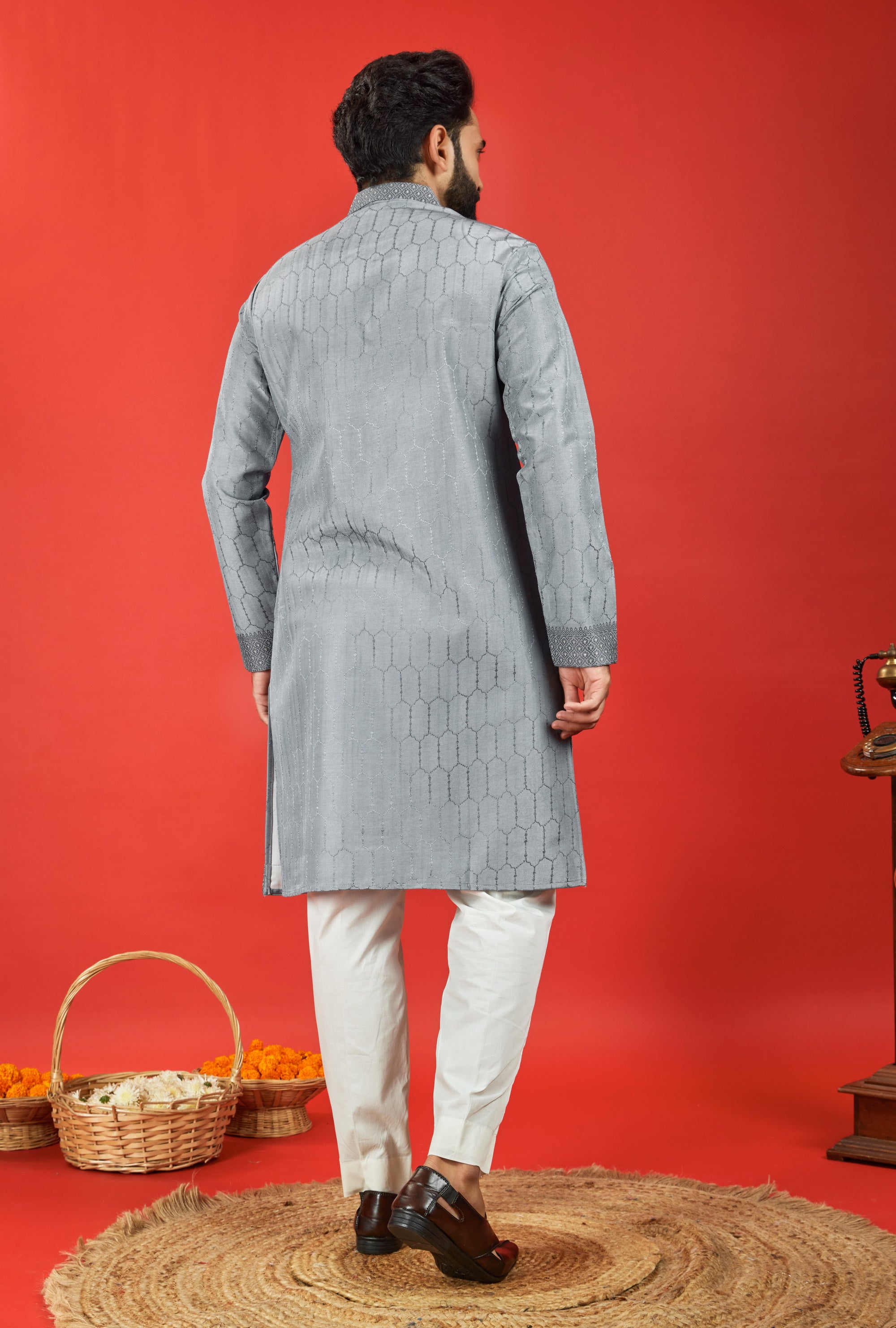 SMOKY GREY FLORAL NECK JACQUARD DESIGNER KURTA
