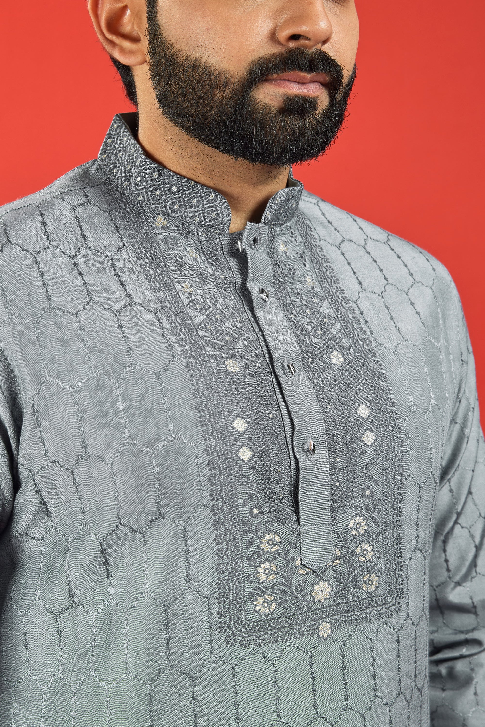 SMOKY GREY FLORAL NECK JACQUARD DESIGNER KURTA