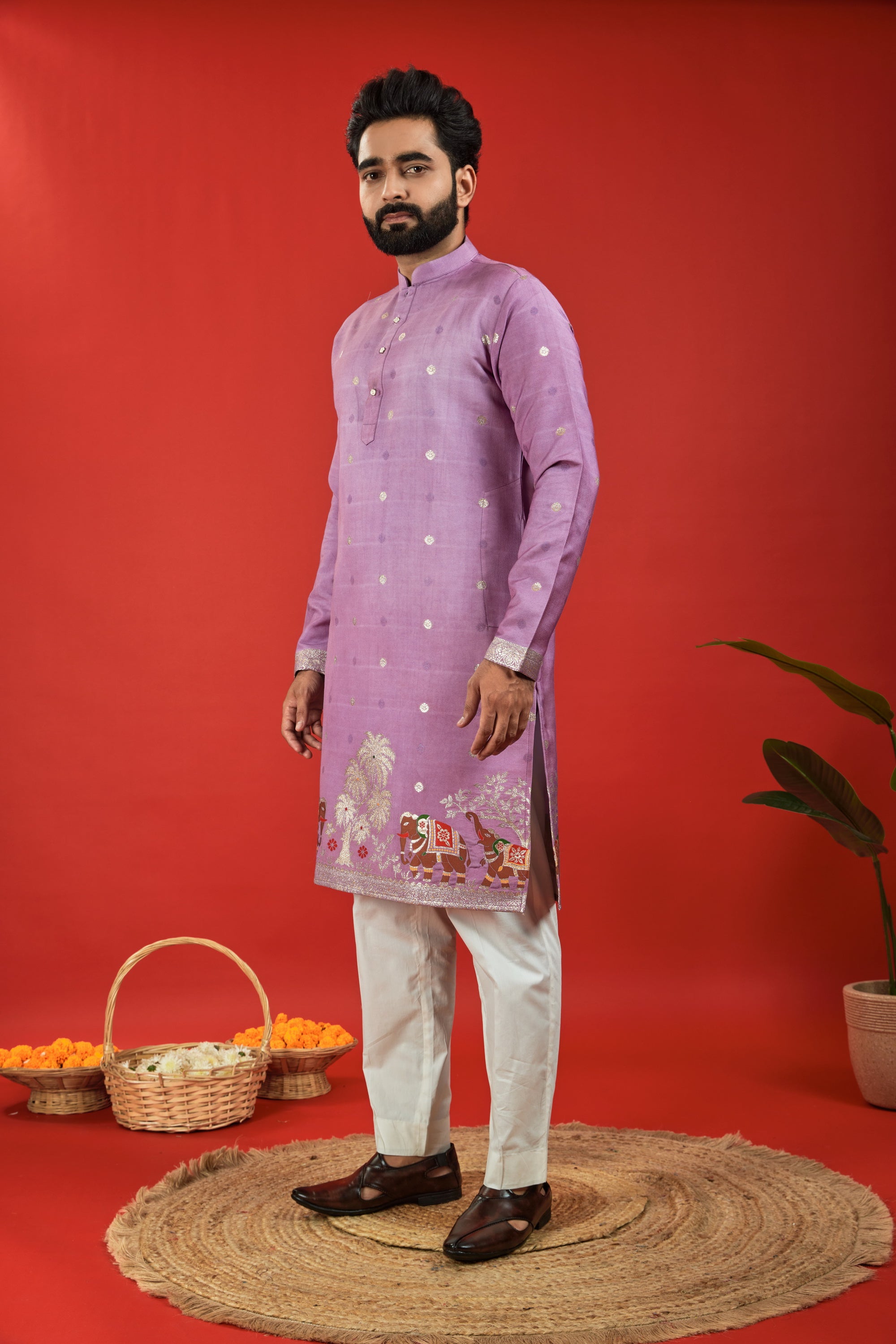 PURPLE BROWN ELEPHANT PATTERN JACQUARD DESIGNER KURTA