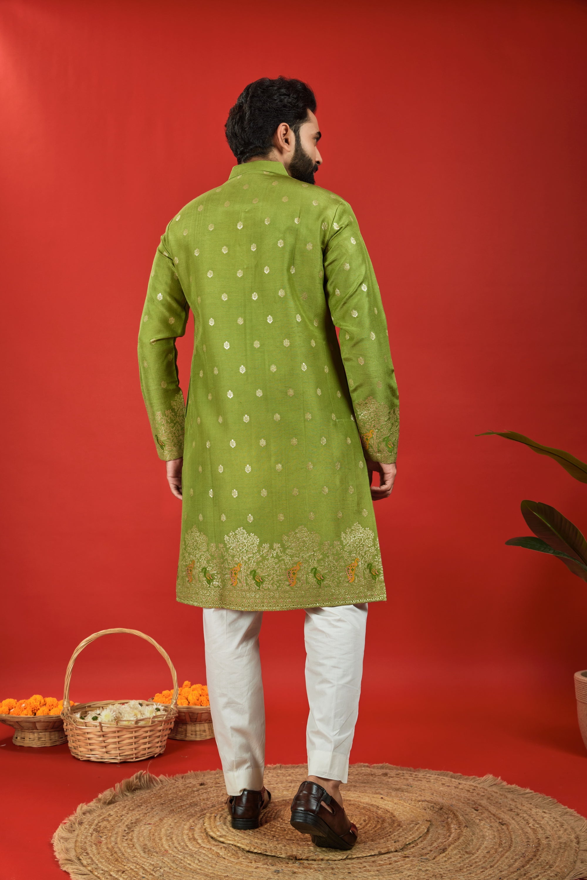 MEHANDI BIRDS PATTERN JACQUARD DESIGNER KURTA