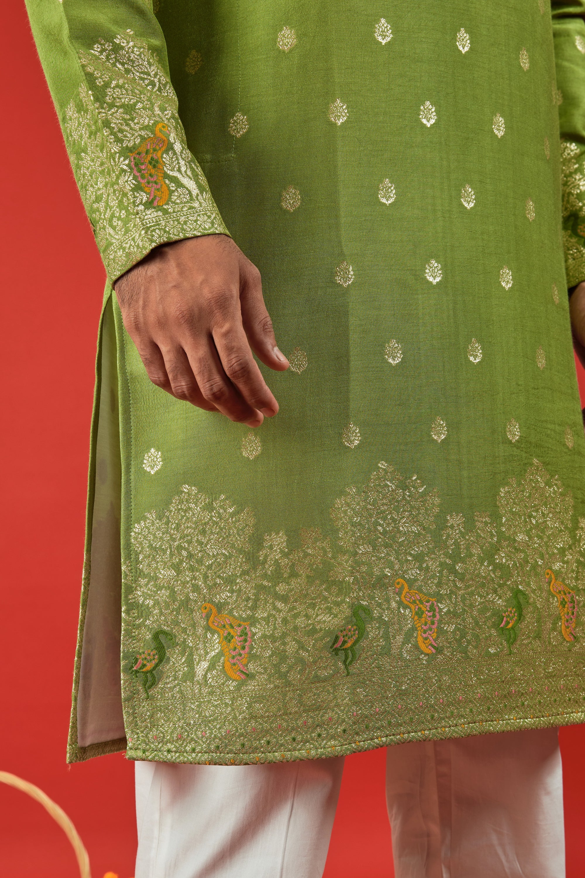 MEHANDI BIRDS PATTERN JACQUARD DESIGNER KURTA