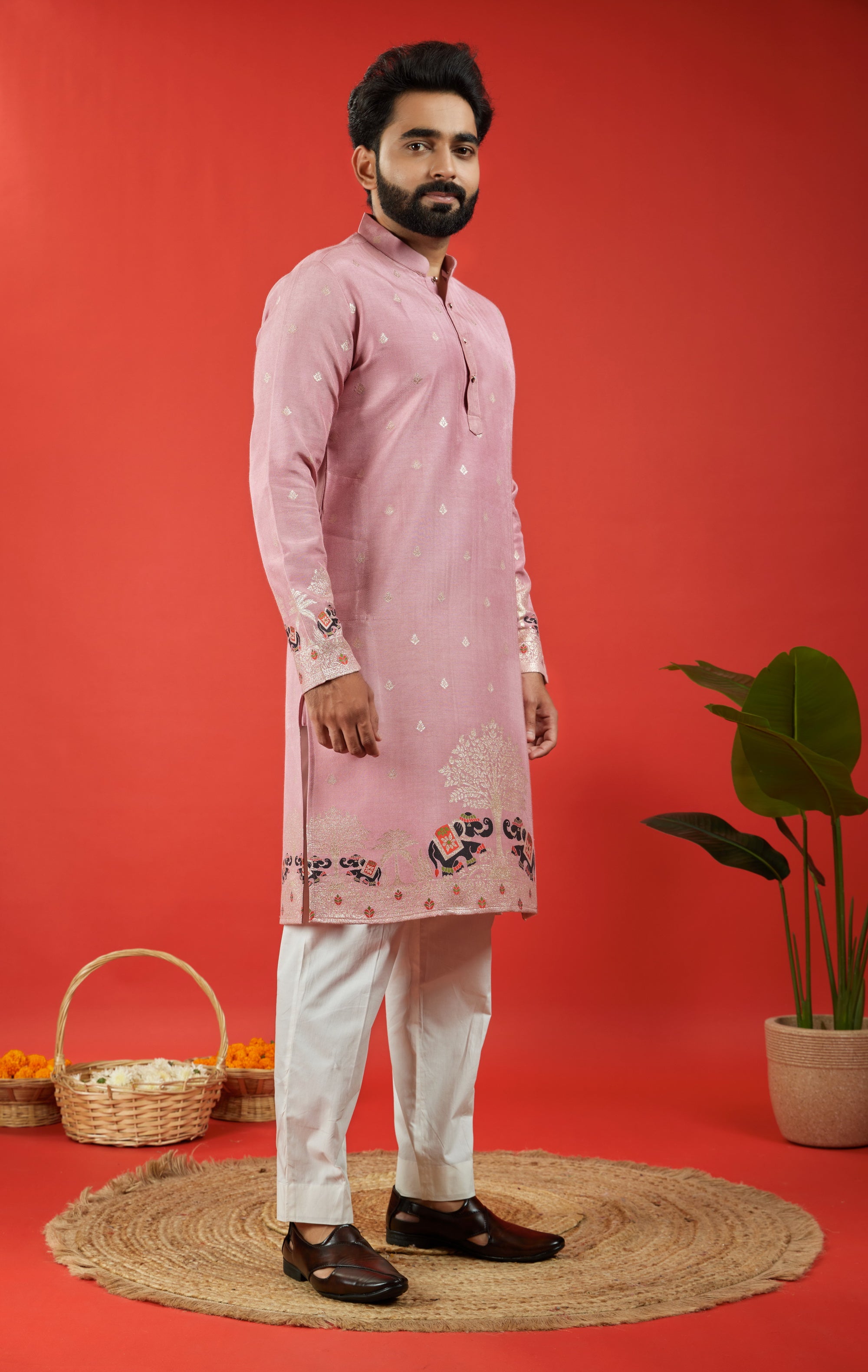 ONION PINK ELEPHANT PATTERN JACQUARD DESIGNER KURTA