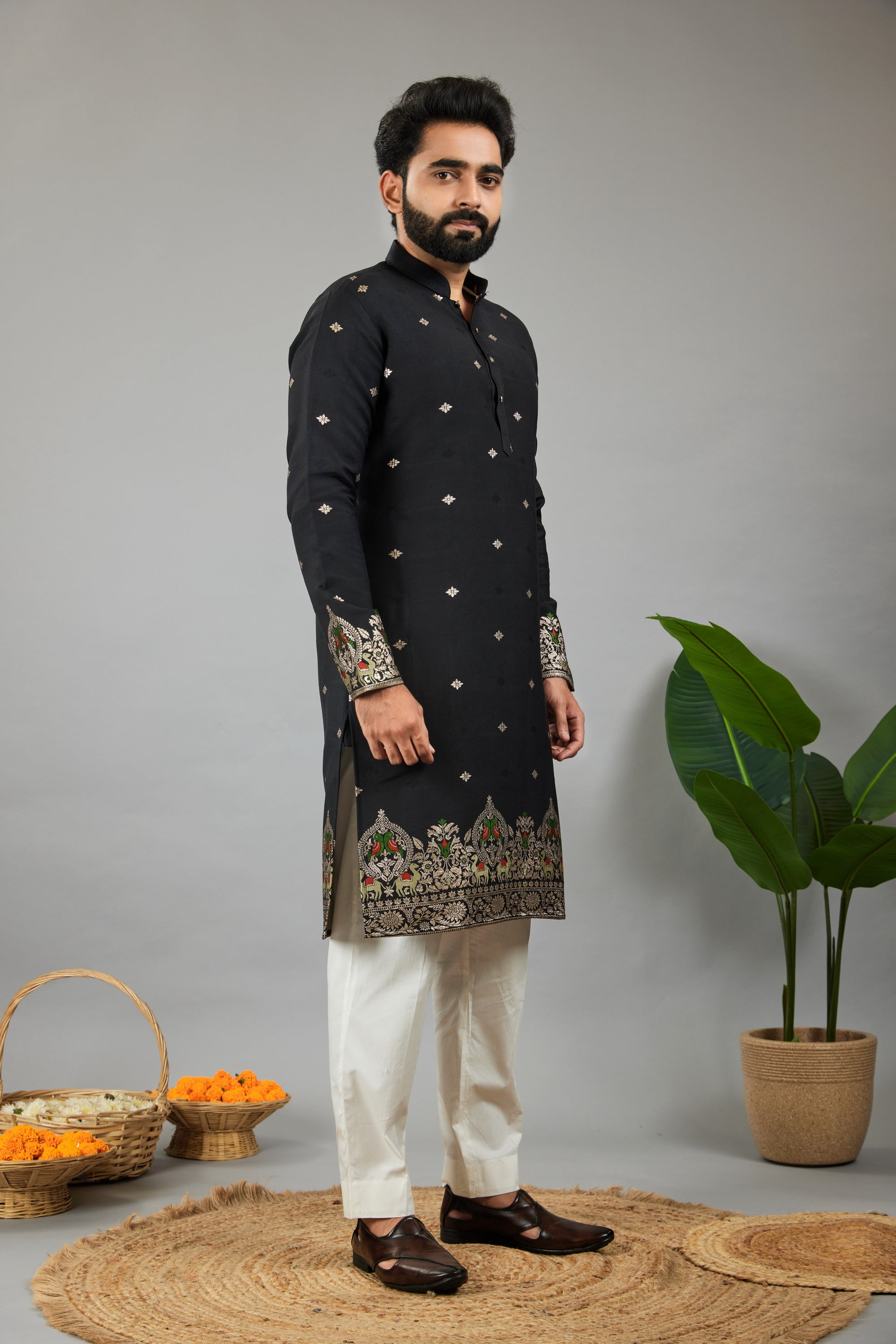 BLACK PARROT AND CAMEL PATTERN JACQUARD DESIGNER KURTA