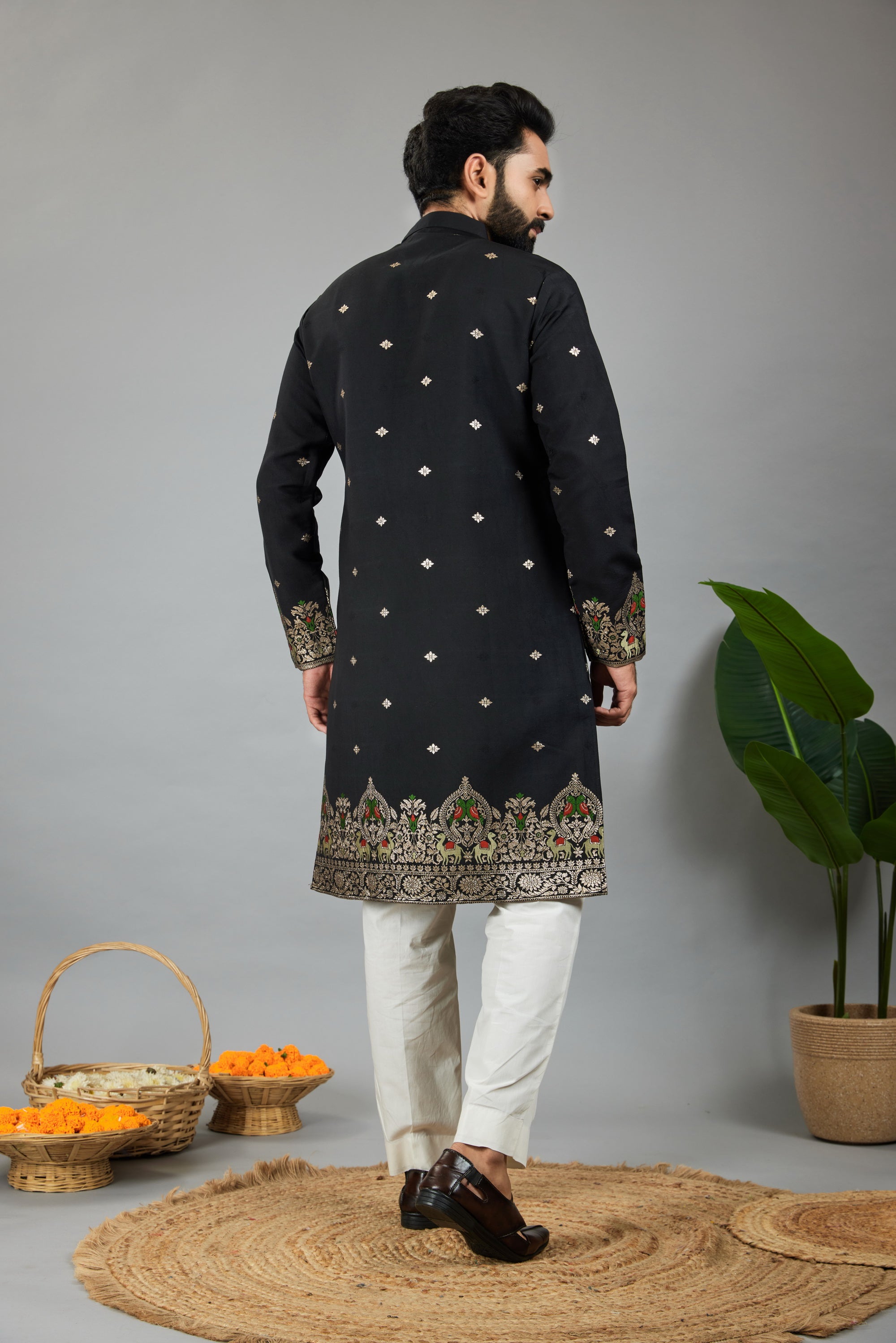 BLACK PARROT AND CAMEL PATTERN JACQUARD DESIGNER KURTA