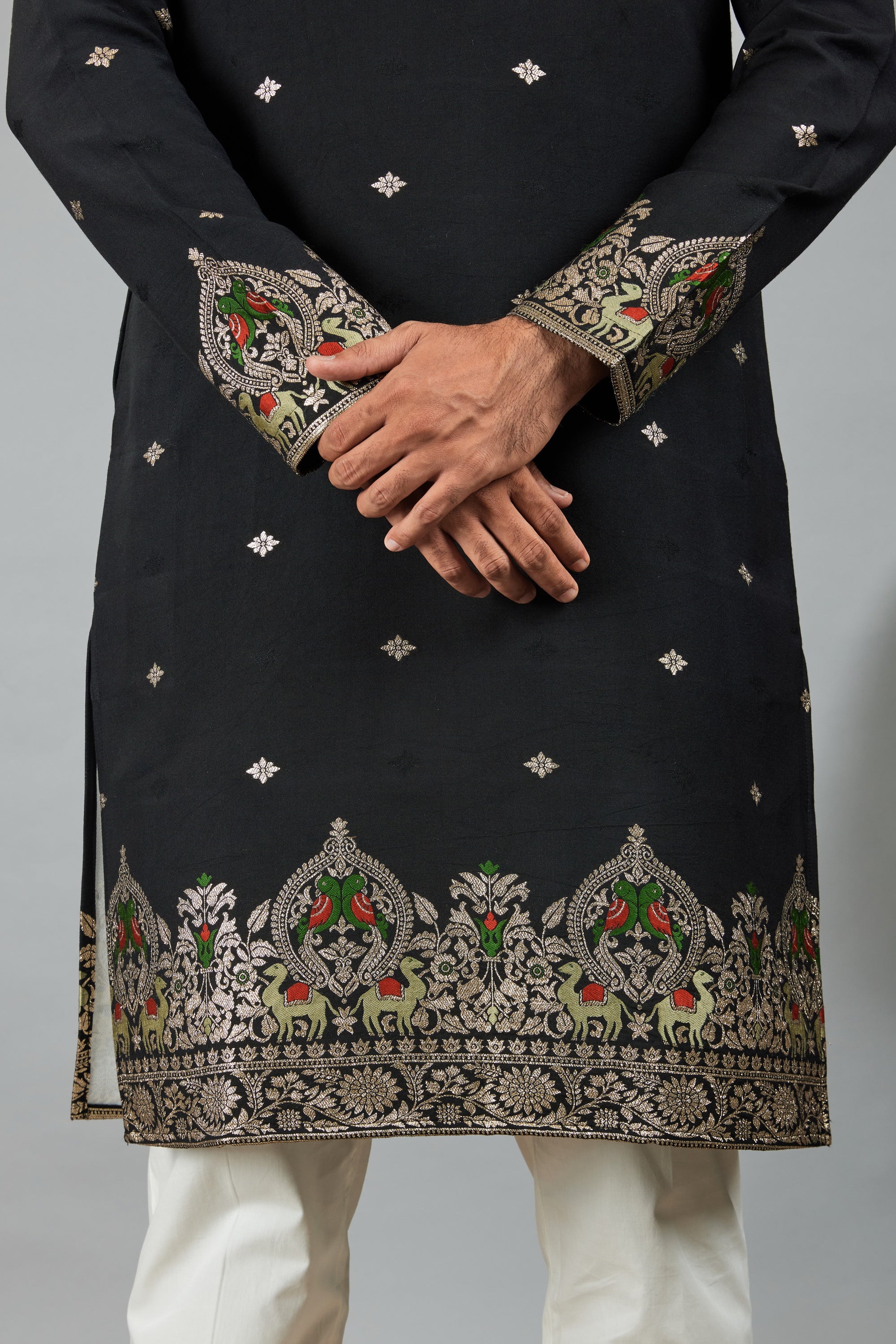 BLACK PARROT AND CAMEL PATTERN JACQUARD DESIGNER KURTA
