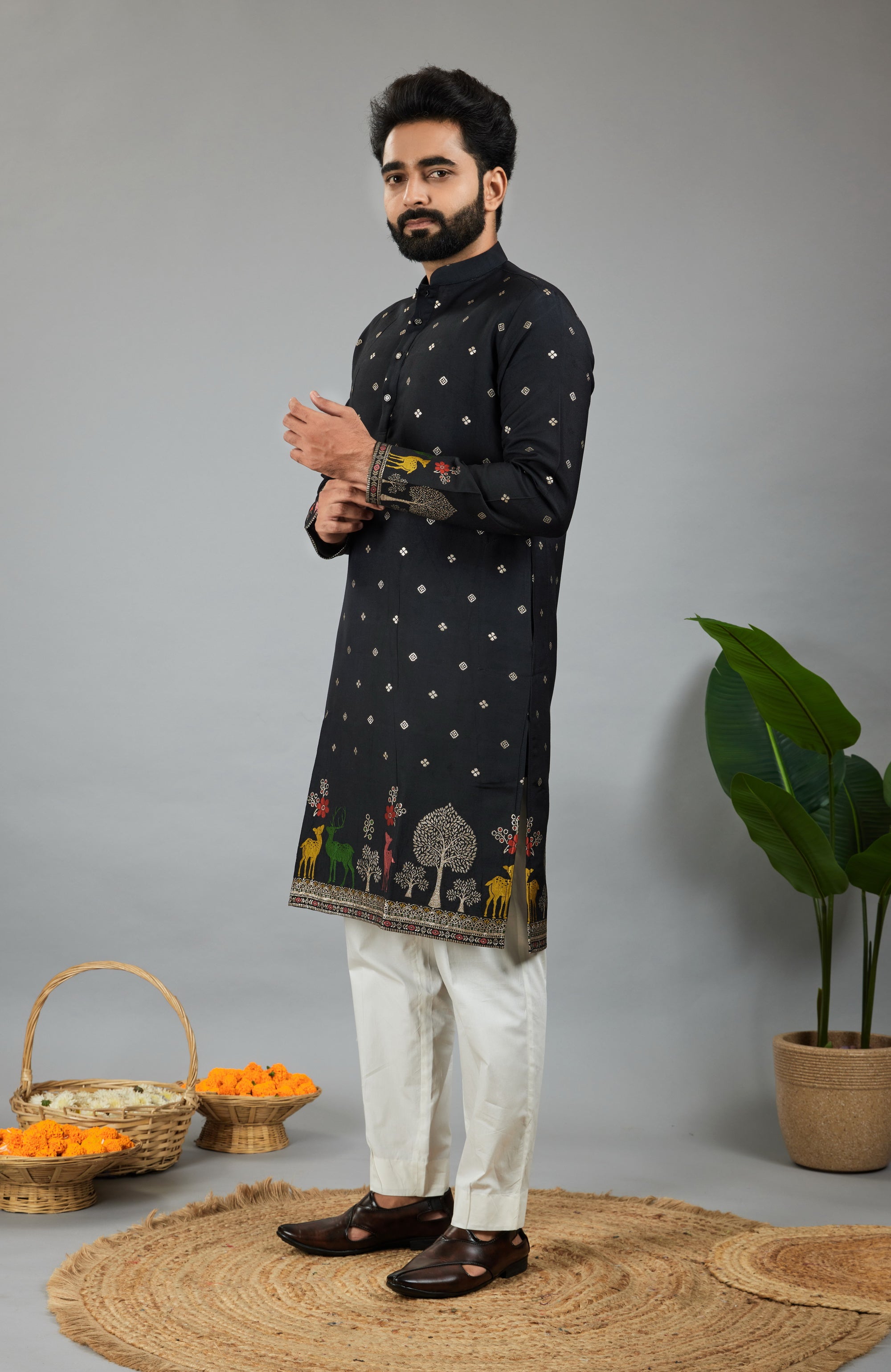 BLACK DEER PATTERN JACQUARD DESIGNER KURTA