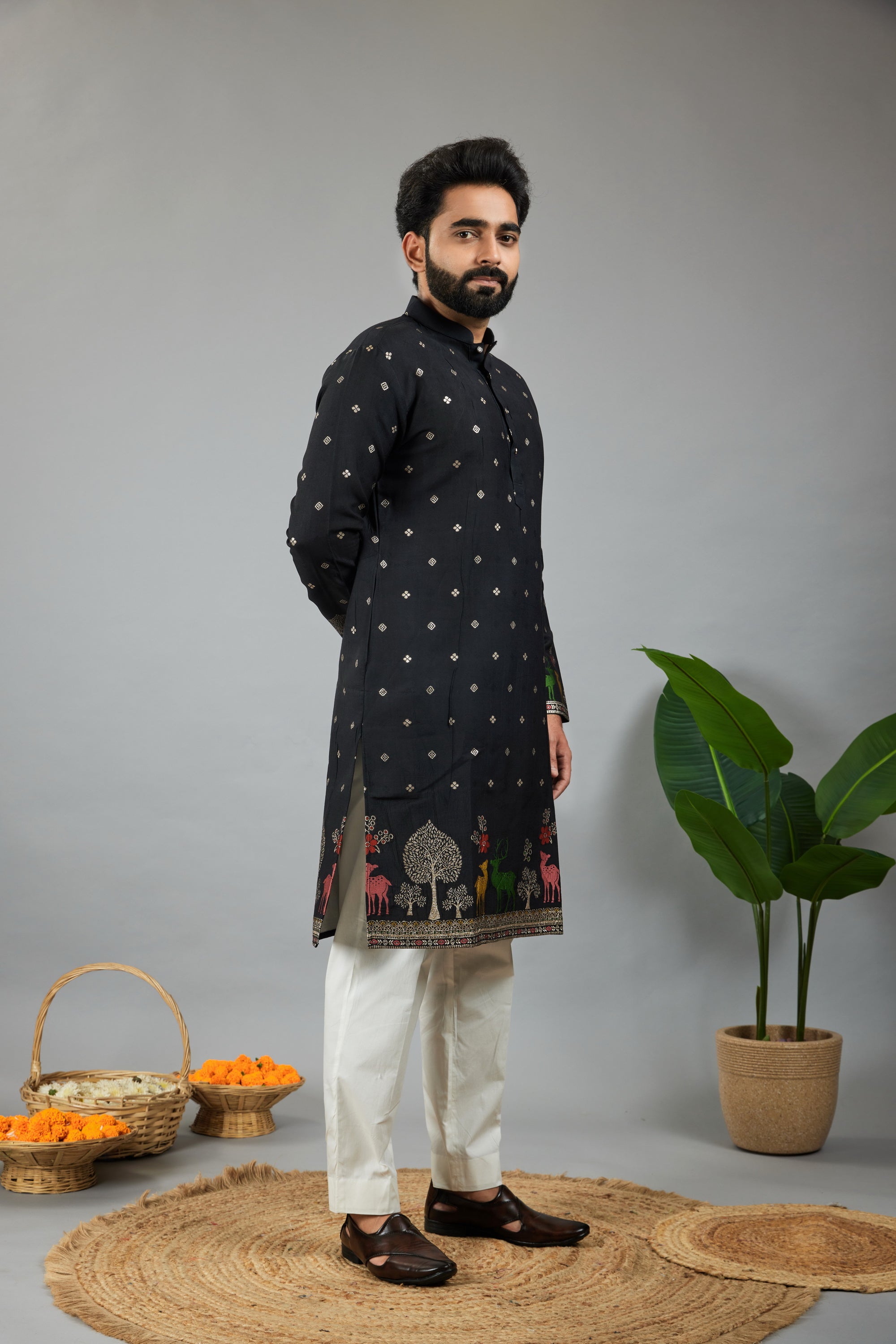 BLACK DEER PATTERN JACQUARD DESIGNER KURTA