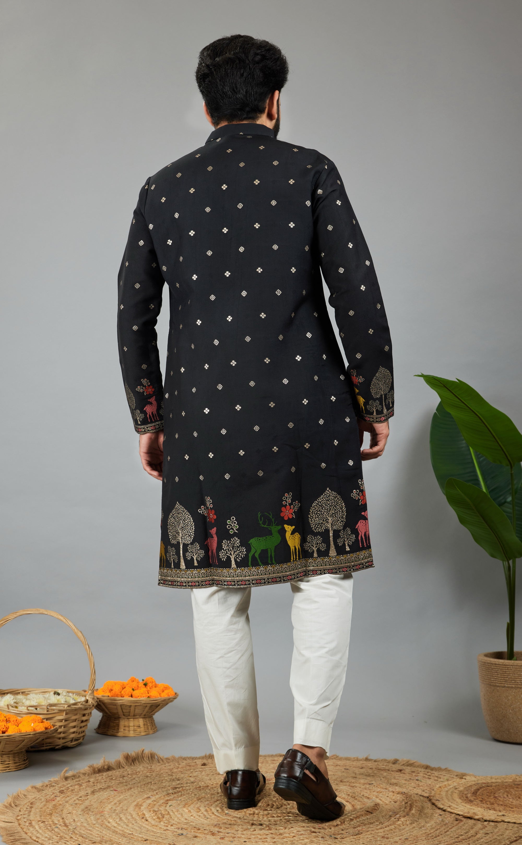 BLACK DEER PATTERN JACQUARD DESIGNER KURTA